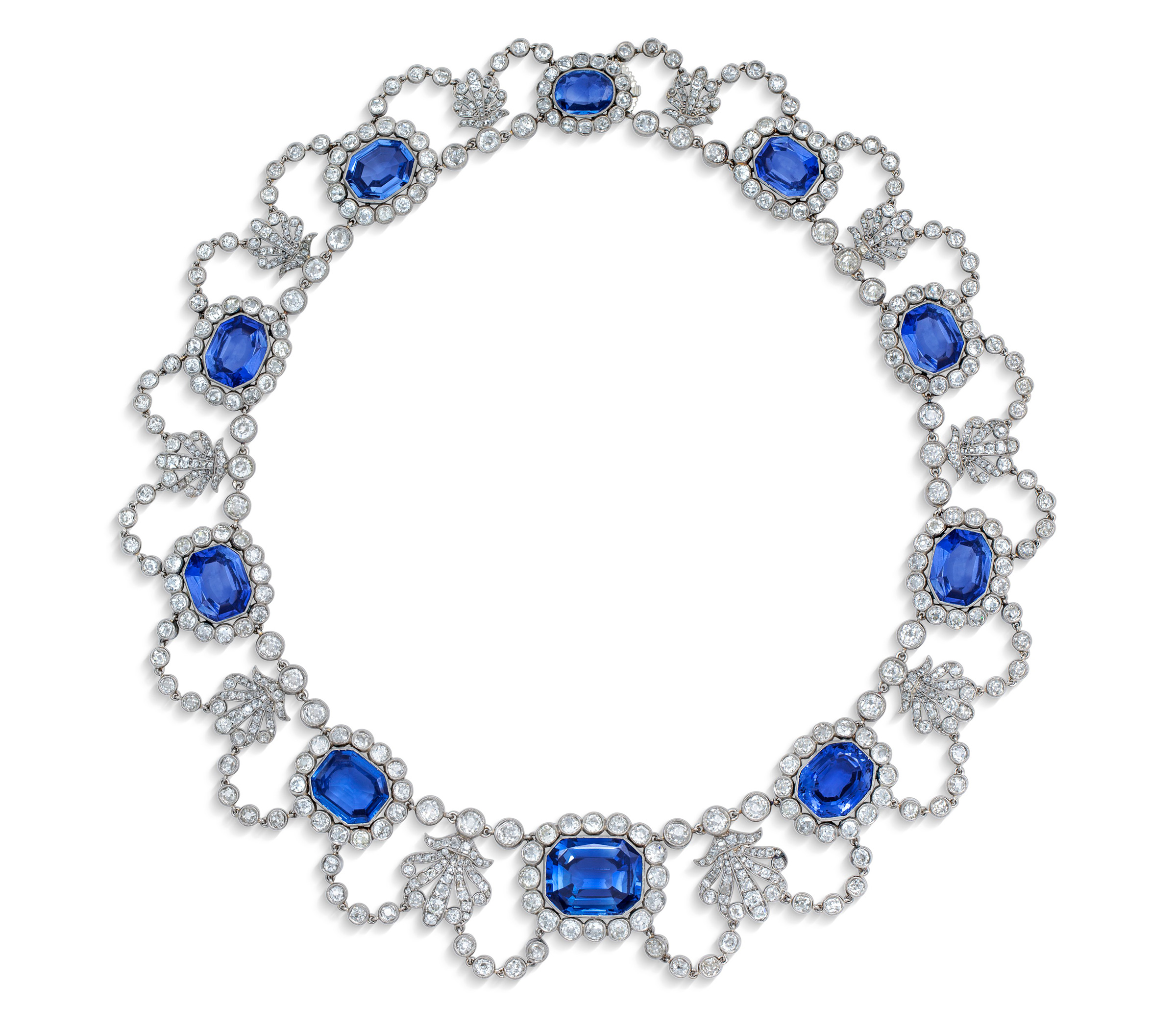 An early 19th-century sapphire and diamond necklace, c. 1800. Octagonal step-cut sapphires, rose and old-cut diamond, gold, 40.5 cm, black fitted case. Sold for CHF 437,500 on 12 May 2021 at Christie’s in Geneva