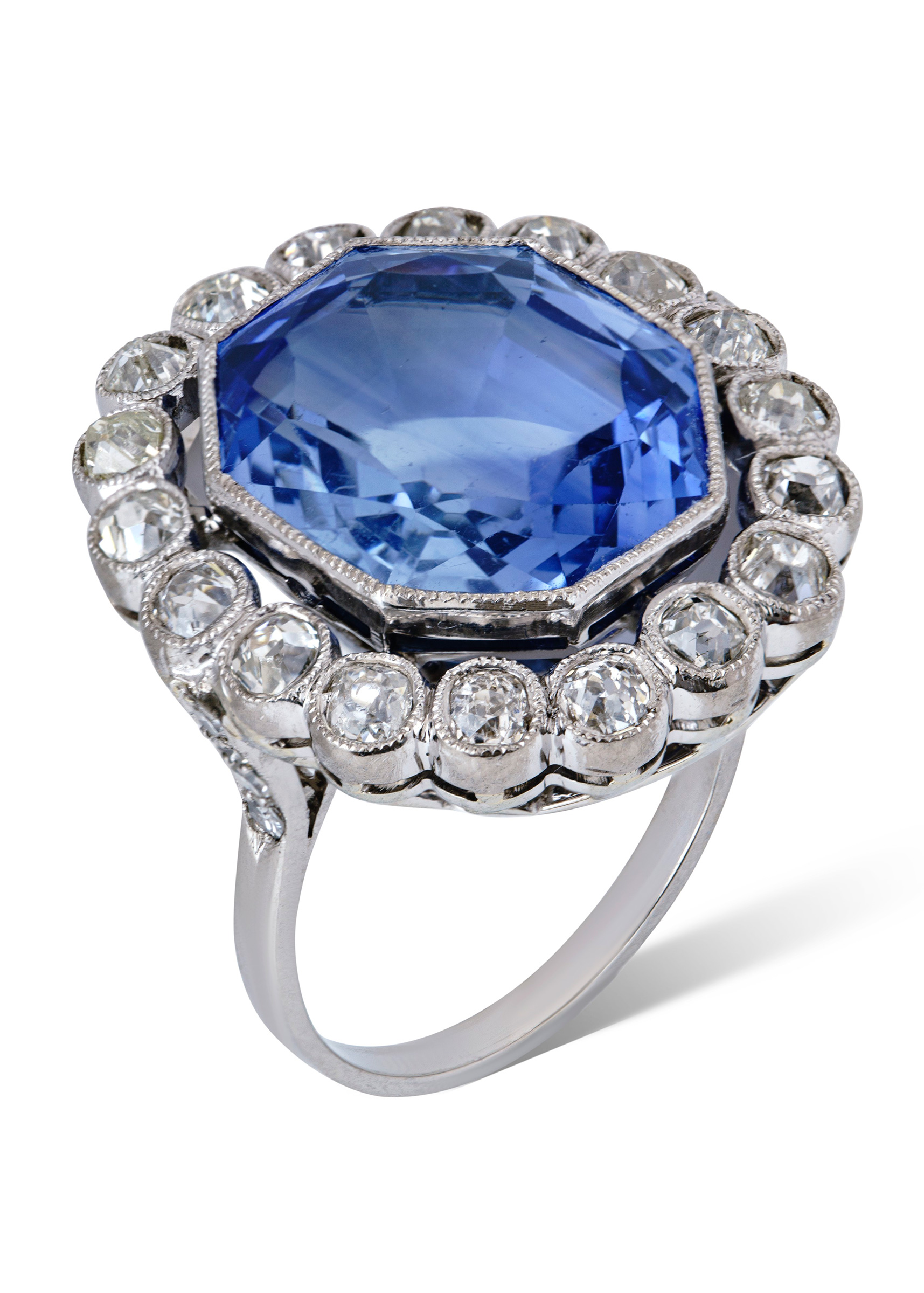 An early 19th-century sapphire and diamond ring. Octagonal step-cut sapphire, single and old-cut diamonds, gold, c. 1800, ring size 6½. Sold for CHF 77,500 on 12 May 2021 at Christie’s in Geneva