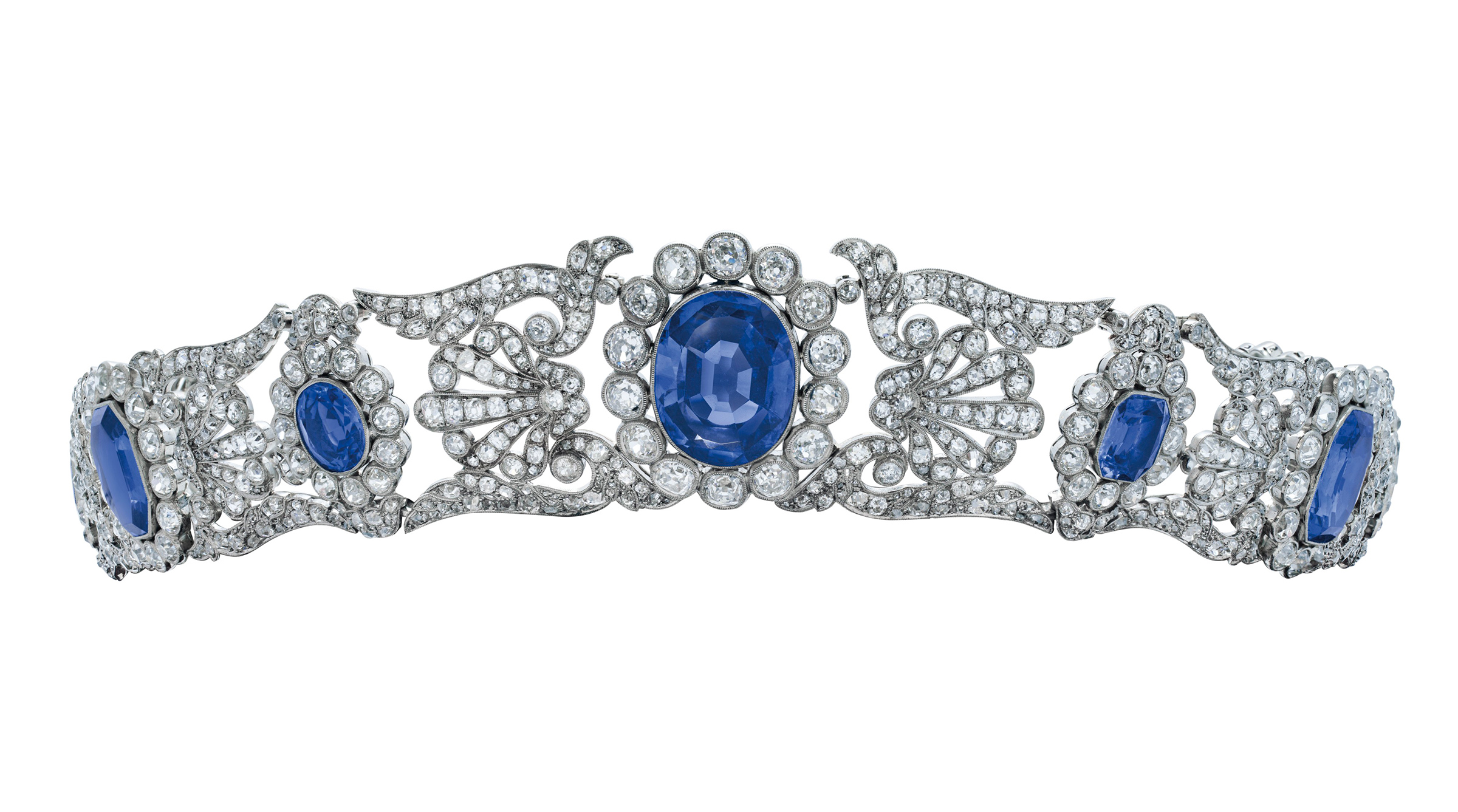 An early 19th-century important sapphire and diamond tiara, c. 1800. Octagonal step-cut and oval-shaped sapphires, rose and old-cut diamonds, gold, 49.0 cm, black fitted case. Sold for CHF 525,000 on 12 May 2021 at Christie’s in Geneva