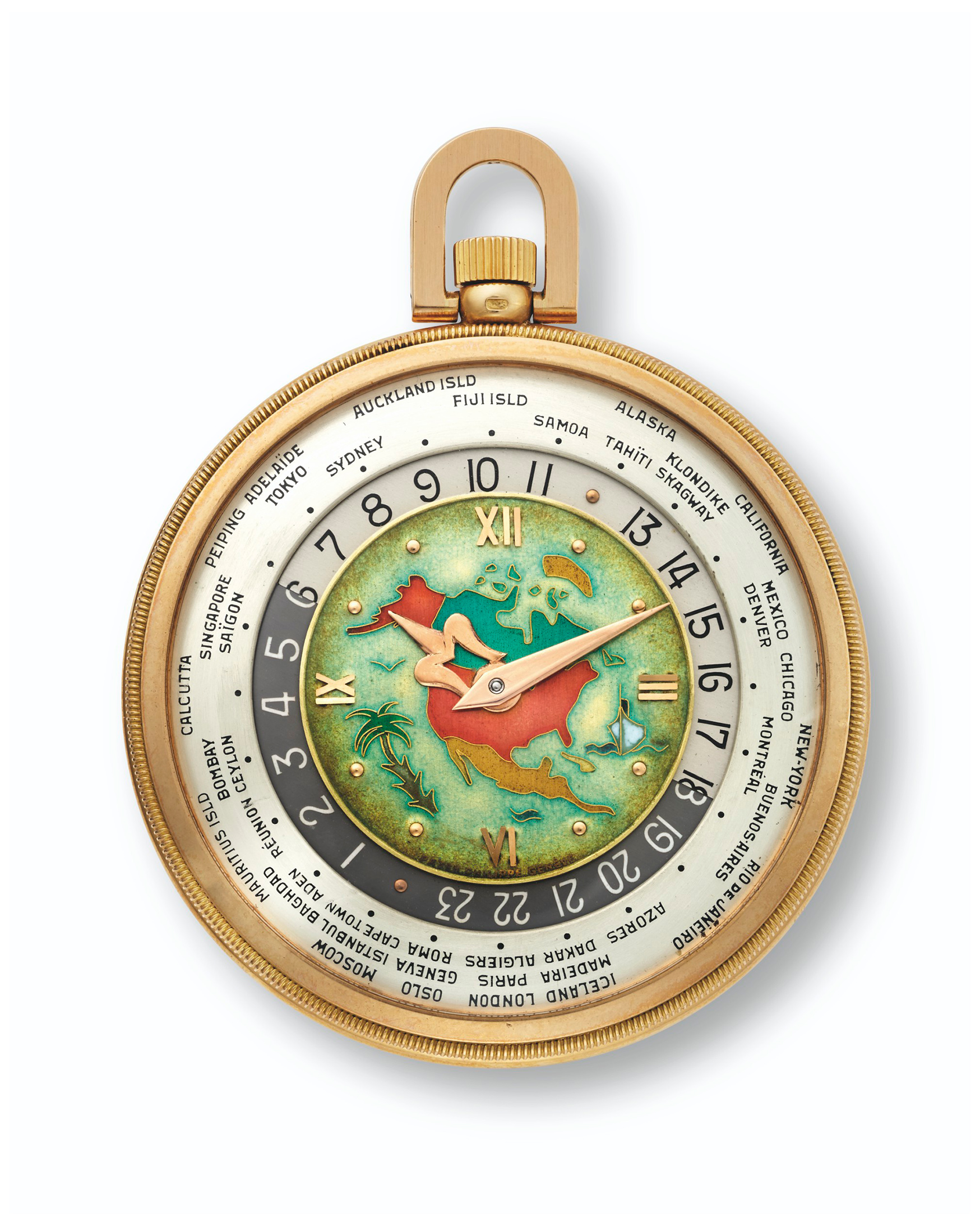 Patek Philippe, a rare and highly important 18k pink-gold open-face keyless lever world time watch with polychrome cloisonné enamel dial representing a map of North America, with box, 1948. Ref. 605 HU, movement no. 930’865, case no. 654’950. Case 44.2 mm diameter. Sold for CHF 1,170,000 on 10 May 2021 at Christie’s in Geneva