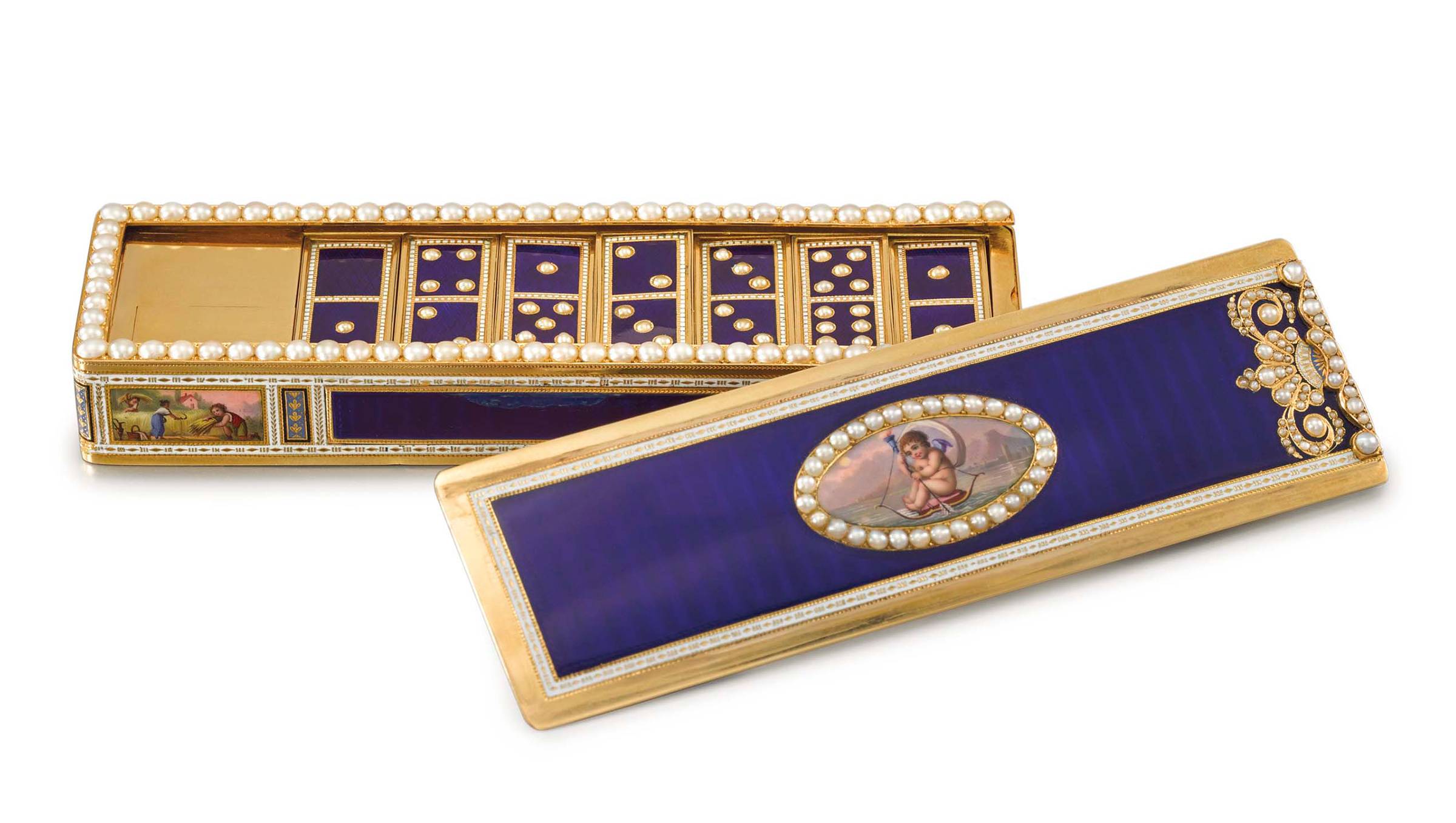 Moulinie, Bautte &amp; Cie, c. 1808. An exceptional and magnificent, probably unique, 18K gold, enamel and pearl-set musical domino box with 28 18K gold, enamel and pearl-set dominoes, made for the Chinese market. Sold for CHF 415,500 on 15 May 2017 at Christie’s in Geneva