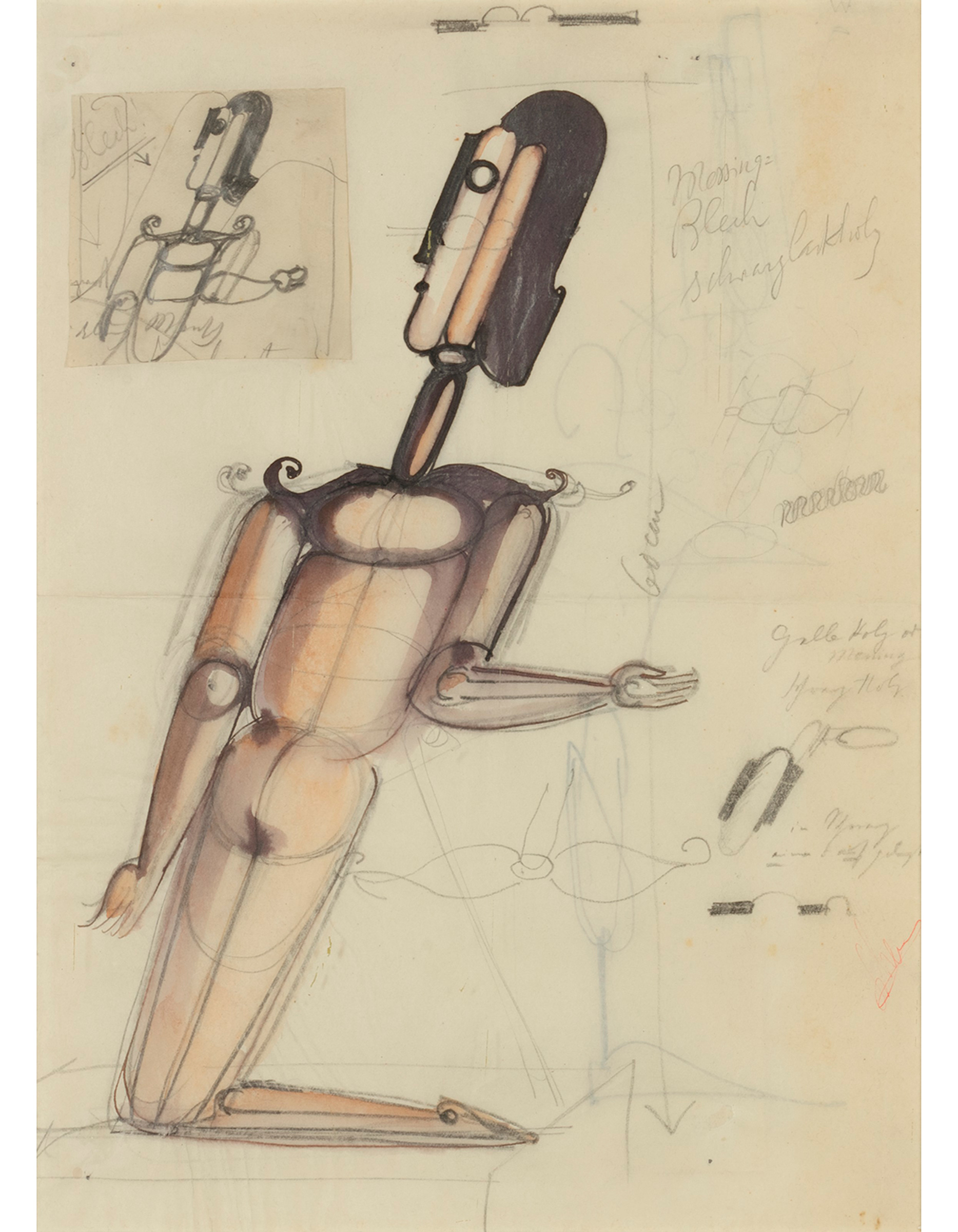 Oskar Schlemmer, Ivo (Entwurf für eine Plastik) — Ivo (Design for a Sculpture), 1923. Pencil, ink, gouache and paper collage on tracing paper laid on paper. 28.5 x 20.5 cm. Estimate: €10,000-15,000. Offered in The Curator’s Eye: The Collection of Professor Dr Karin von Maur, 11-25 May, Online