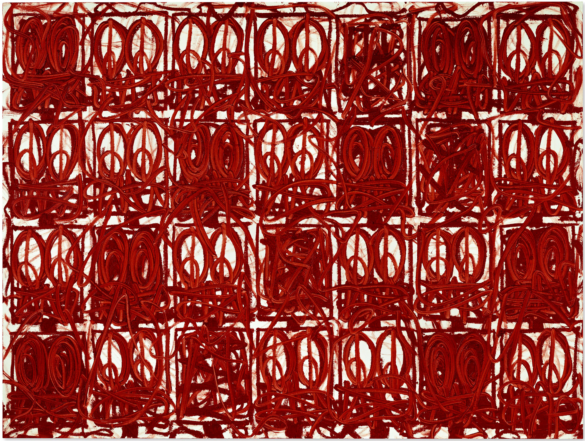 Rashid Johnson (b. 1977), Anxious Red Painting December 18th, 2020. Oil on linen. 72 x 96 in (182.9 x 243.8 cm). Sold for $1,950,000 in 21st Century Evening Sale on 11 May 2021 at Christie’s in New York