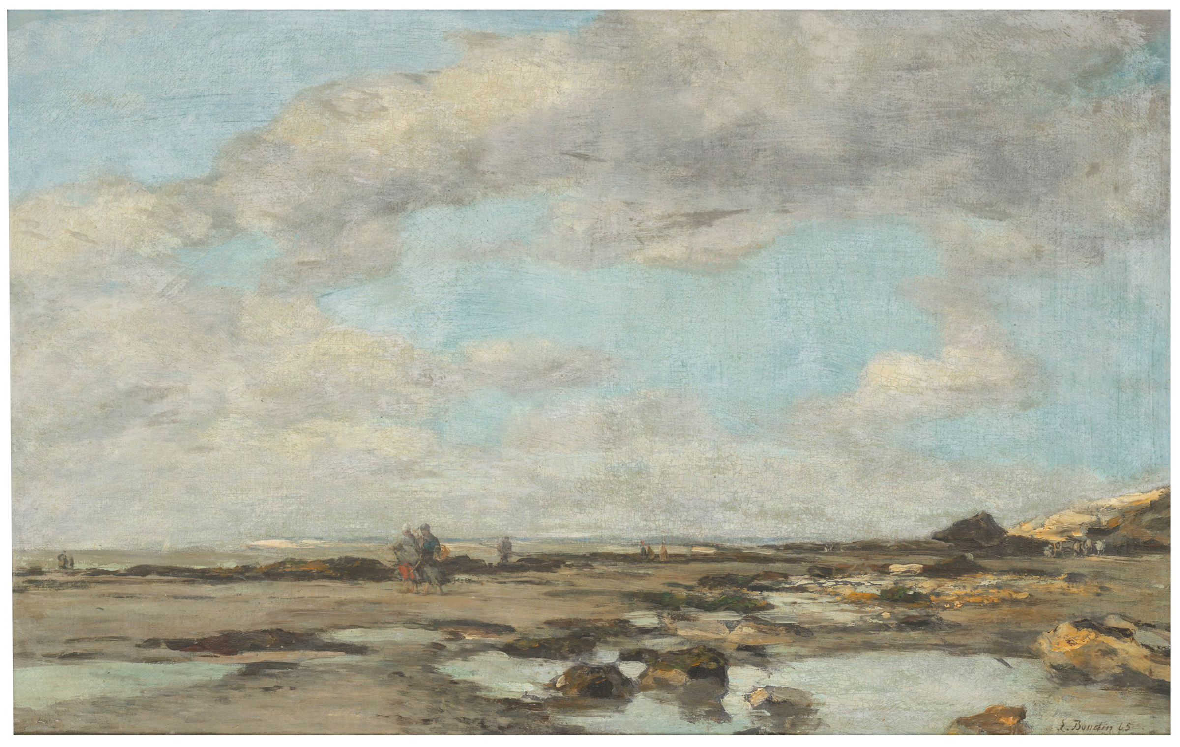 Eugène Boudin, Marée basse à Trouville, 1865. Oil on canvas. 18 x 28⅝ in (46 x 72.6 cm). Estimate: £50,000-80,000. Offered in Julians Park and Six Private Collections on 8 June 2021 at Christie’s in London