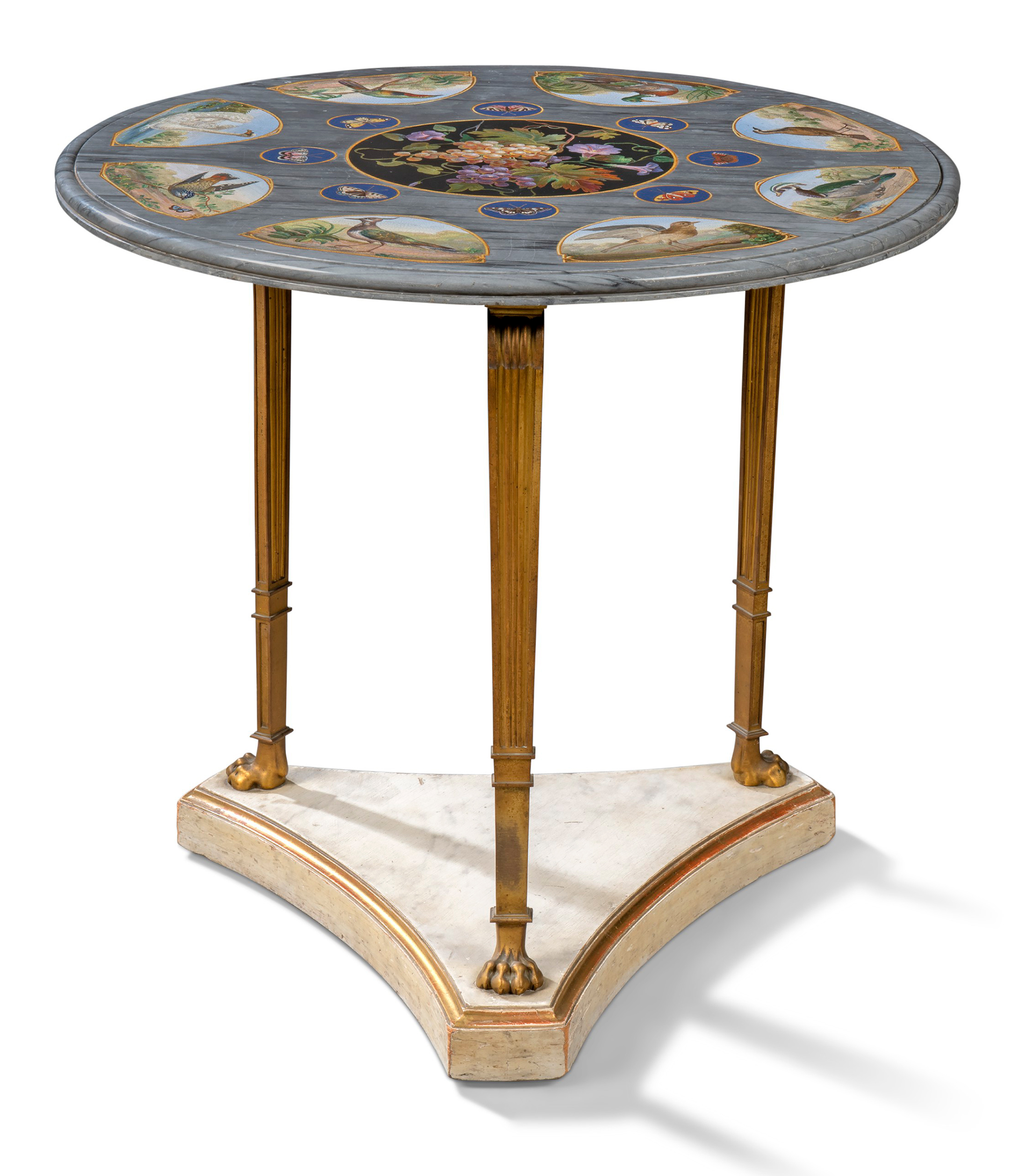 An Italian micromosaic and marble table top on an ormolu and white-painted base. 30⅛ in (76.5 cm) high; 31¾ in (80.5 cm) diameter. Estimate: £70,000-100,000. Offered in Julians Park and Six Private Collections: Live on 8 June 2021 at Christie’s in London