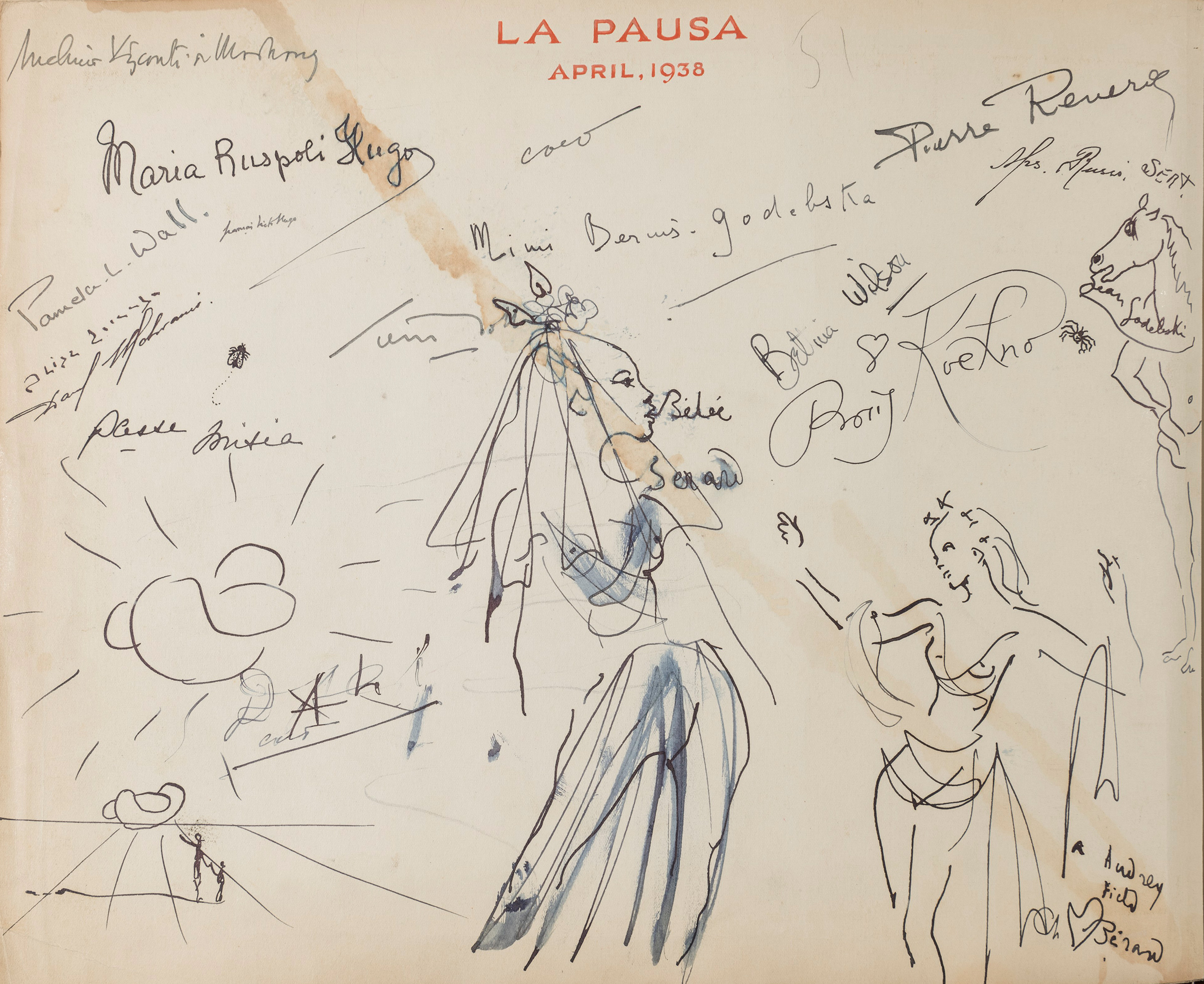Signatures and sketches from the guestbook at Coco Chanel’s Riviera home, La Pausa, include that of Audrey Field in the bottom right corner