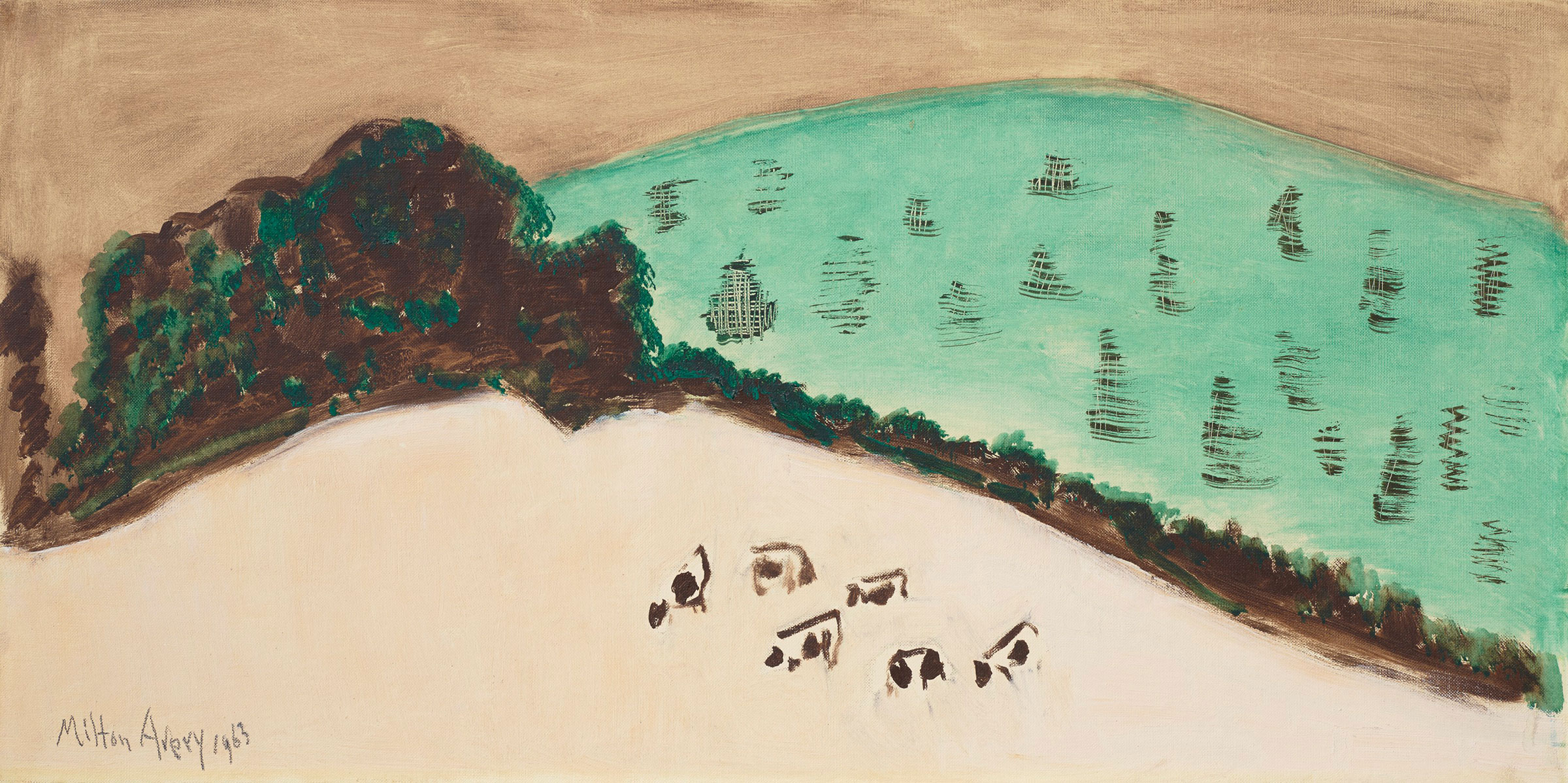 Milton Avery (1885-1965), Bucolic Landscape, 1963. Oil on canvasboard. 14¾ x 30 in (37.5 x 76.2 cm). Estimate: $60,000-80,000. Offered in American Art on 18 May 2021 at Christie’s in New York