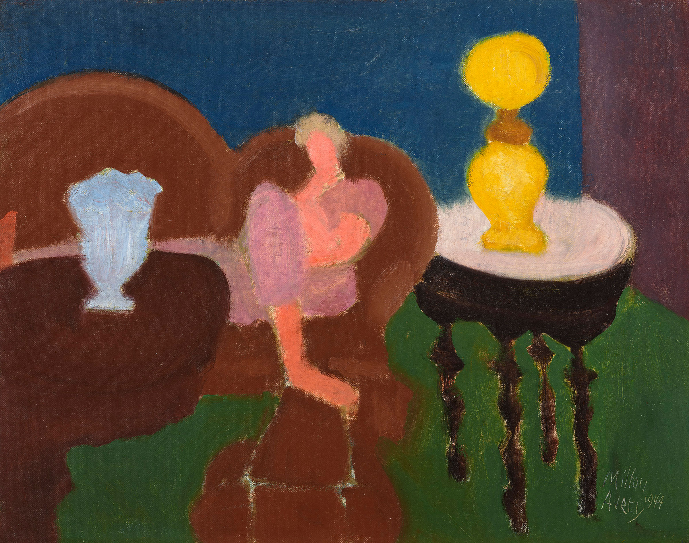 Milton Avery (1885-1965), Interior with Yellow Lamp, 1949. Oil on canvasboard. 15¾ x 19¾ in (40 x 50.2 cm). Estimate: $120,000-180,000. Offered in Fields of Vision: The Private Collection of Artists Wolf Kahn and Emily Mason on 18 May 2021 at Christie’s in New York
