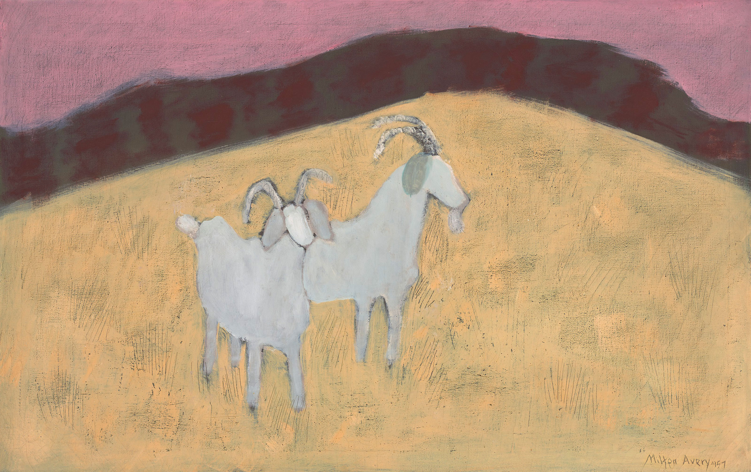 Milton Avery (1885-1965), Startled Goats, 1957. Oil on canvas. 27¾ x 43¾ in (70.5 x 111.1 cm). Estimate: $400,000-600,000. Offered in American Art on 18 May 2021 at Christie’s in New York