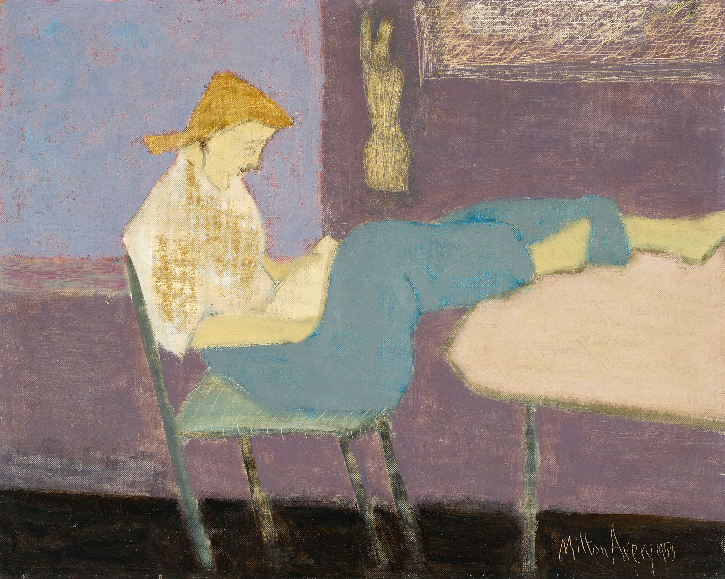 Milton Avery (1885-1965), Untitled (reader), 1953. Oil on canvasboard. 16 x 20 in (40.6 x 50.8 cm). Estimate: $50,000-70,000. Offered in American Art on 18 May 2021 at Christie’s in New York