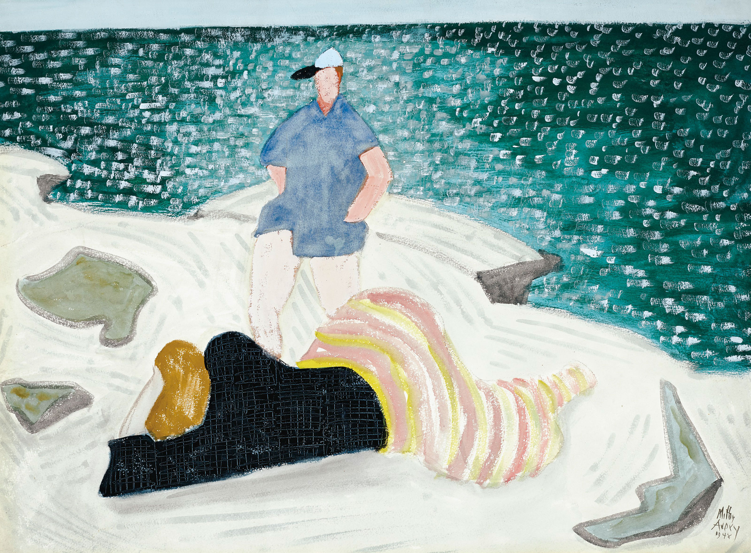 Milton Avery (1885-1965), Woman on the Rocks, 1948. Watercolour, gouache and pencil on paper. 22⅜ x 30⅜ in (56.8 x 77 cm). Estimate: $80,000-120,000. Offered in American Art on 18 May 2021 at Christie’s in New York