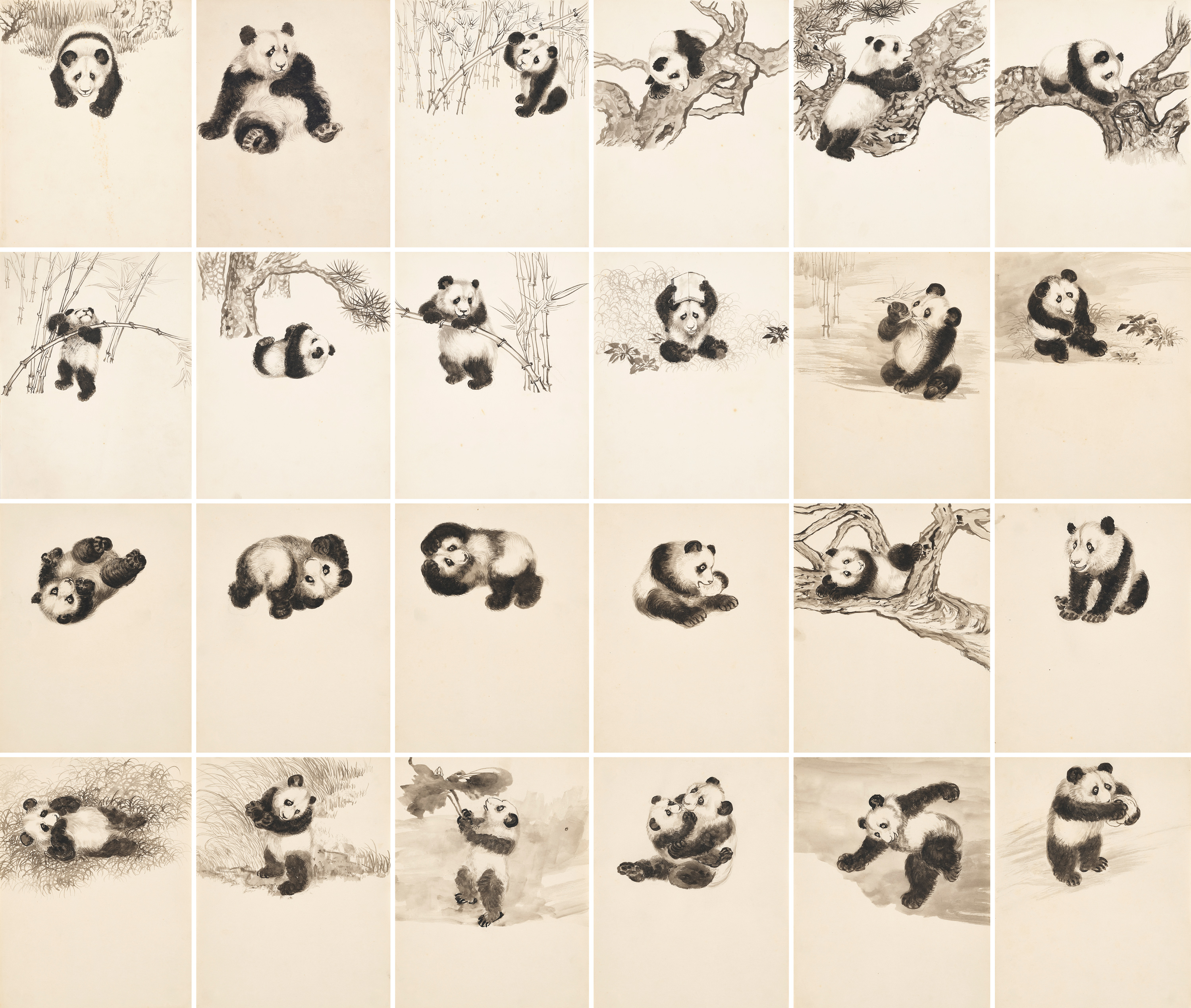 FROM THE COLLECTION OF ZHANG XINJIA, ZHANG SHANZI (1882-1940) Mischievous Pandas. A set of twenty-four unmounted scrolls, ink on paper. Each leaf measures 27.5 x 21 cm. (10 ⅞ x 8 ¼ in.). Estimate: HK$150,000-250,000
