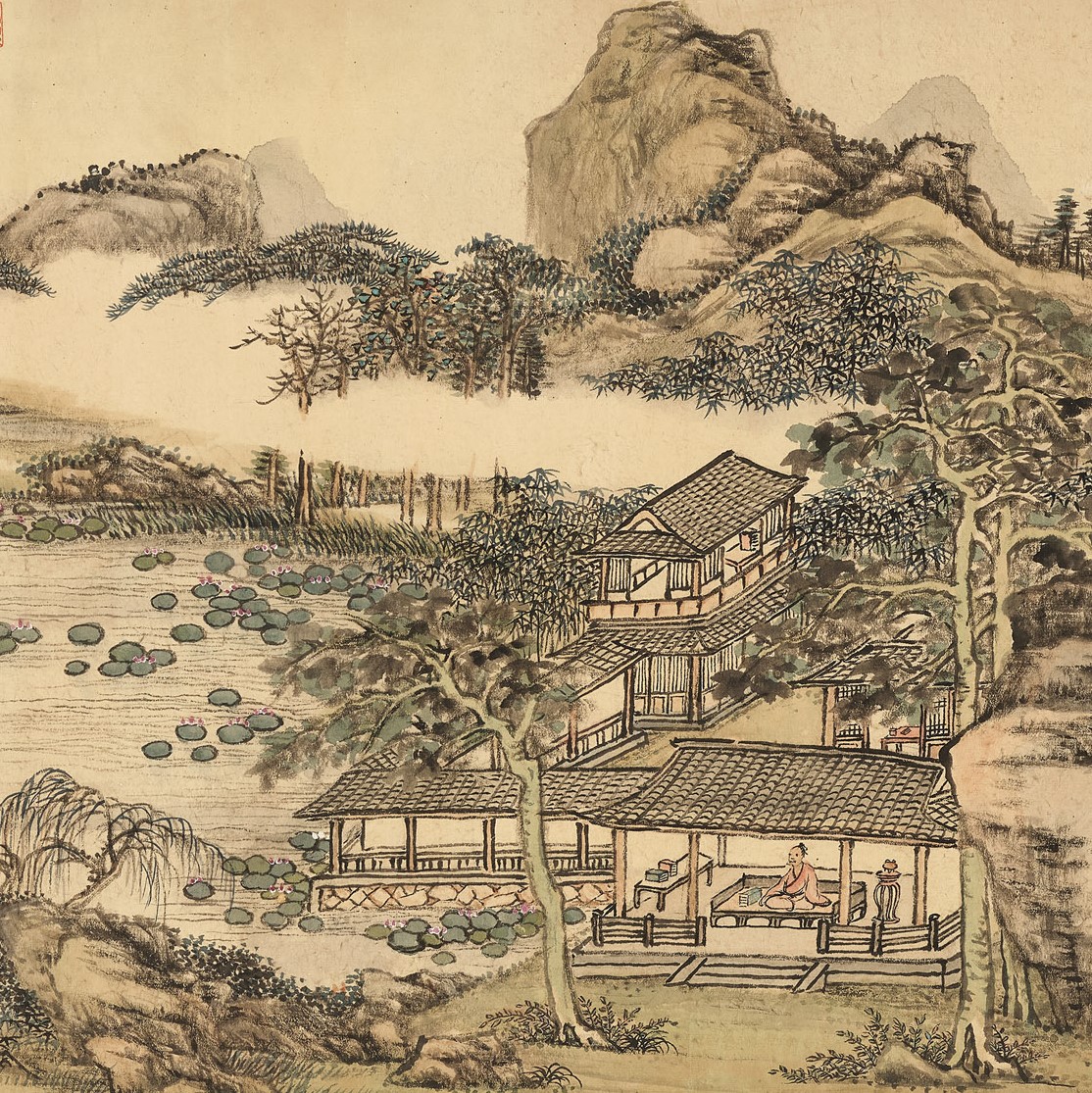 清 張宗蒼 《梧館新秋》（局部），堂屋紅衣端坐之人即乾隆