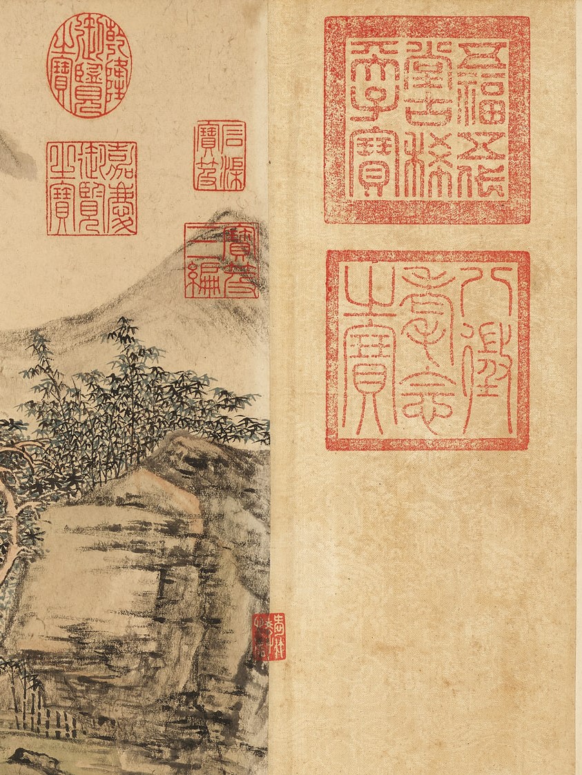 Zhang Zongcang (1686-1756), Wutong Studio in Autumn (detail), showing seals from the Qianlong Emperor that correspond to different chronological periods in his life. Handscroll, ink and colour on paper. 32.5 x 150 cm (12¾ x 59½ in). Estimate: HK$55,000,000-75,000,000. Offered in Fine Chinese Classical Paintings and Calligraphy on 26 May at Christie’s in Hong Kong