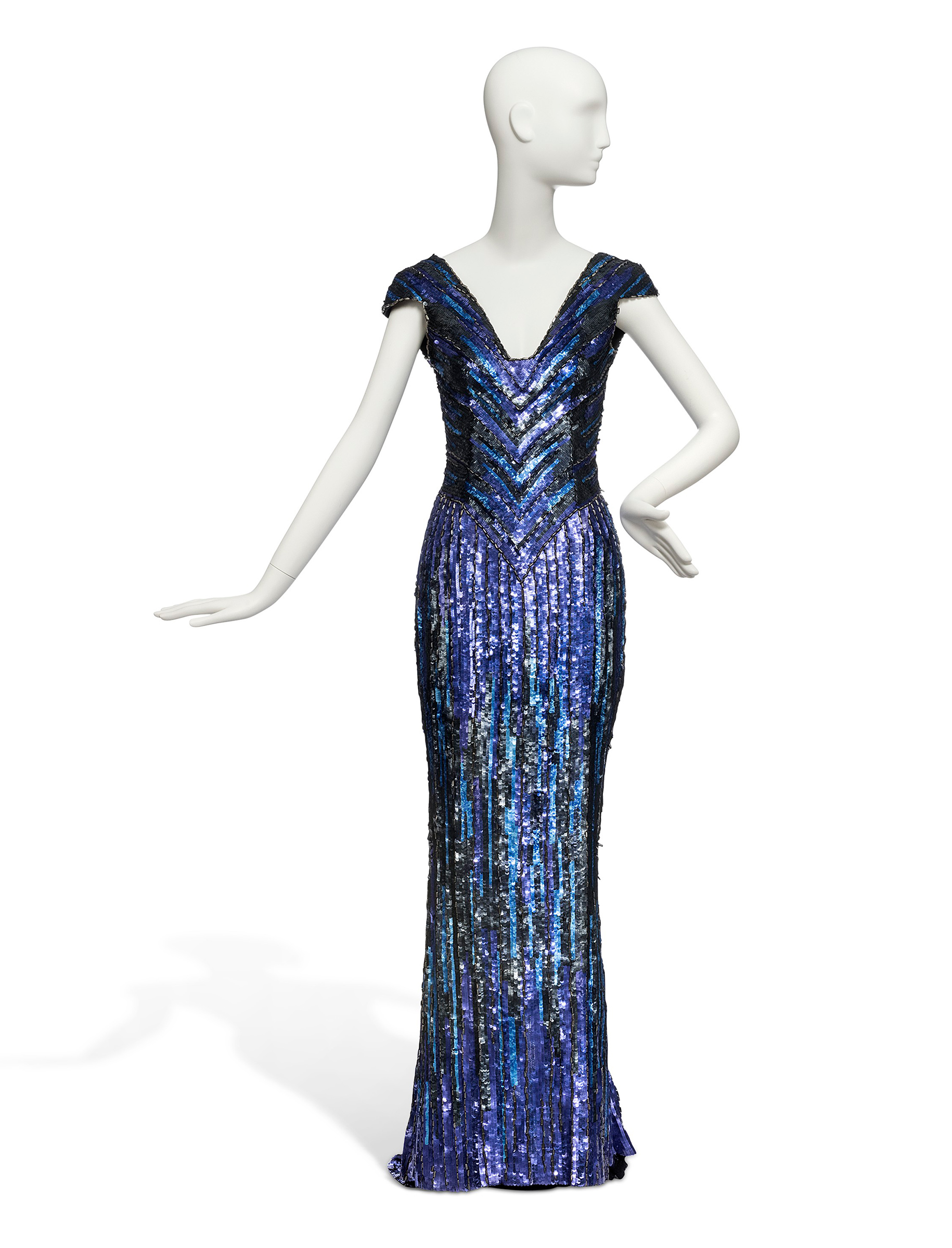 A blue sequined evening gown worn by Daphne Guinness, from L’Wren Scott’s ‘Purple Haze’ Collection. Sold for £2,250 on 1 July 2021, Online