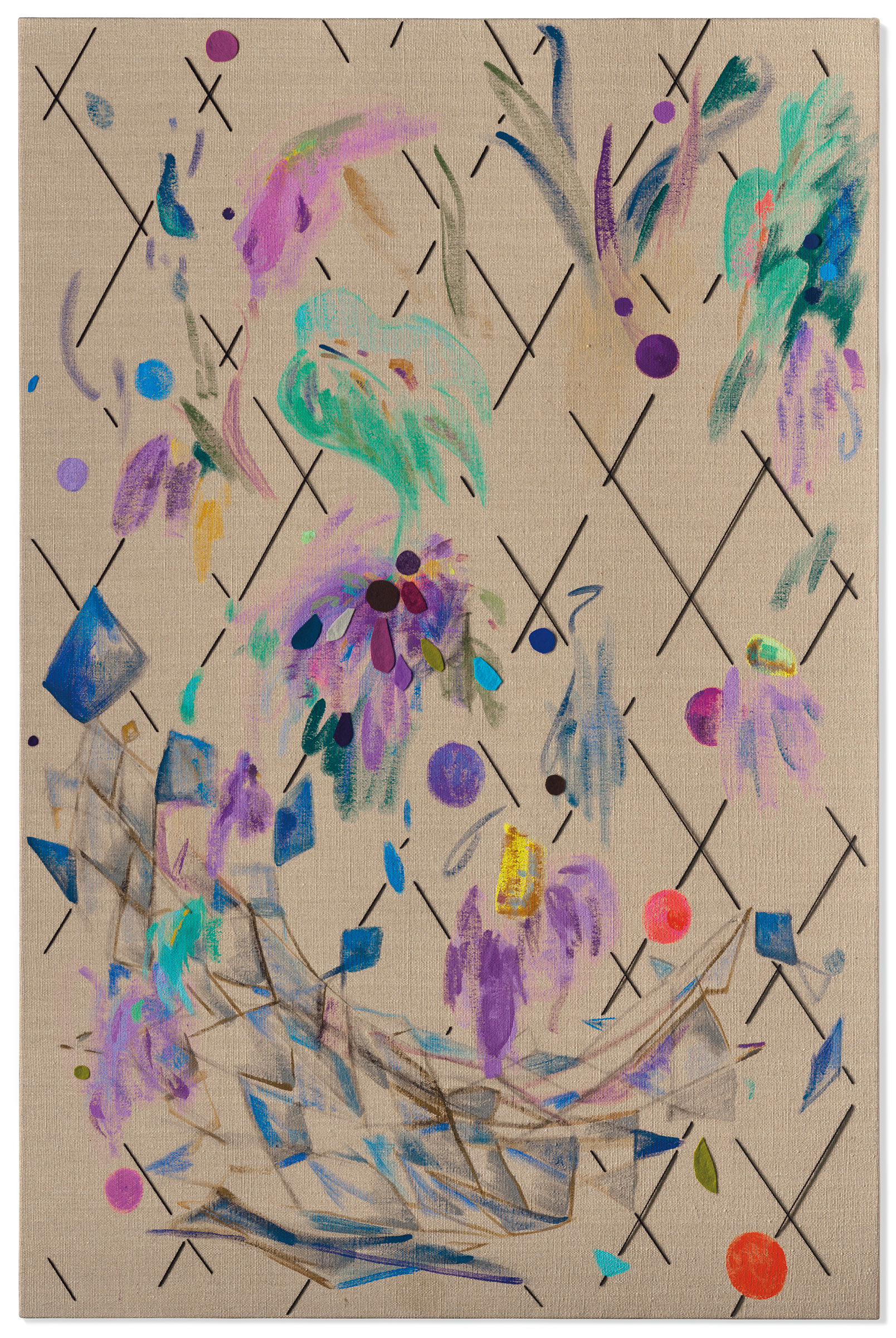 Laura Owens (b. 1970), Untitled, 2009. Acrylic, felt and yarn on linen. 68 x 45 in (172.7 x 114.3 cm). Sold for £275,000 on 2 July 2021 at Christie’s in London