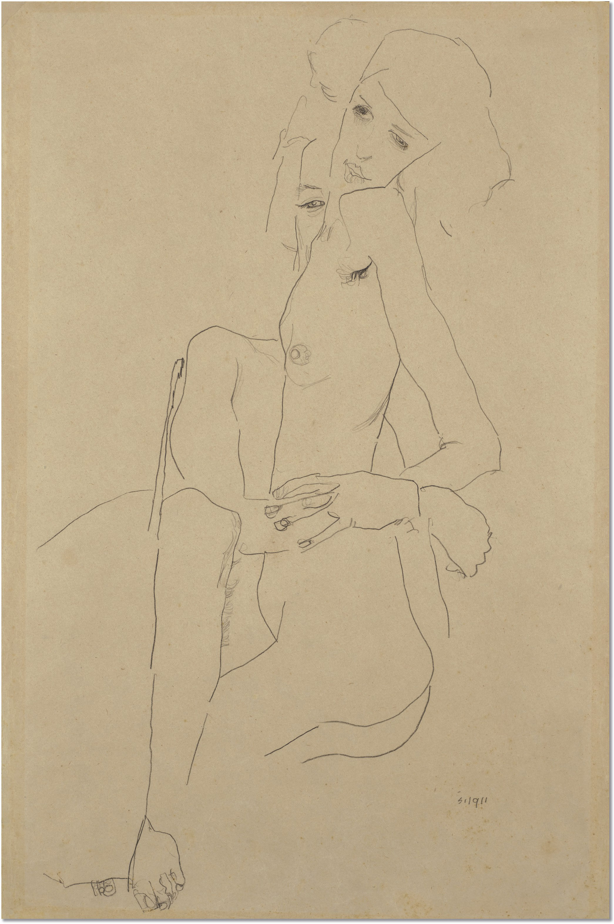 埃贡‧席勒（1890-1918） 《拥抱》，1911年作。 铅笔纸本，22 &frac12; x 14 7/8英寸（57 x 37.8厘米）。 估价..150，000 - 250，000 欧元。 此拍品将于6月30日佳士得巴黎二十/二十一世纪艺术：弗朗西斯&middot; 格罗斯珍藏拍卖中推出

