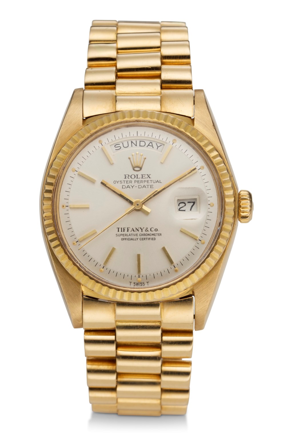 Rolex, Day-Date, 18k yellow gold, Ref. 1803, retailed by Tiffany &amp; Co. Estimate: $10,000-15,000. Offered in Watches Online: The New York Edition on 8-22 June 2021 at Christie’s Online