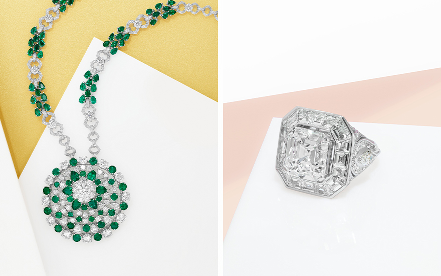 A Graff diamond and emerald pendant necklace, left, and a diamond ring