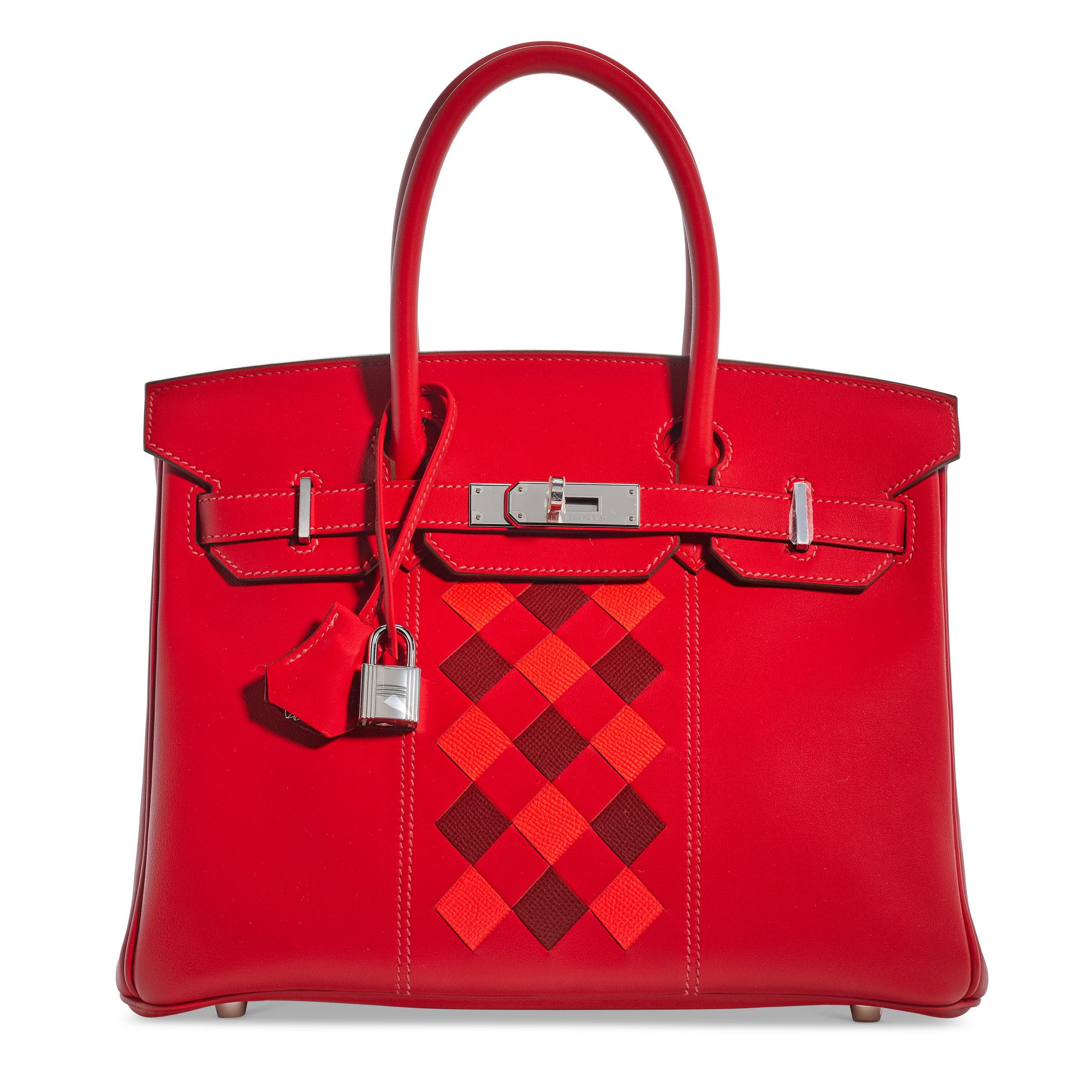 限量版爱心红色SWIFT小牛皮及EPSOM牛皮30公分TRESSAGE柏金包附钯金配件,爱马仕,2019年。阔30 x 高22 x 深15公分。此拍品于纽约手袋及配饰网上拍卖中售出,成交价18,750美元