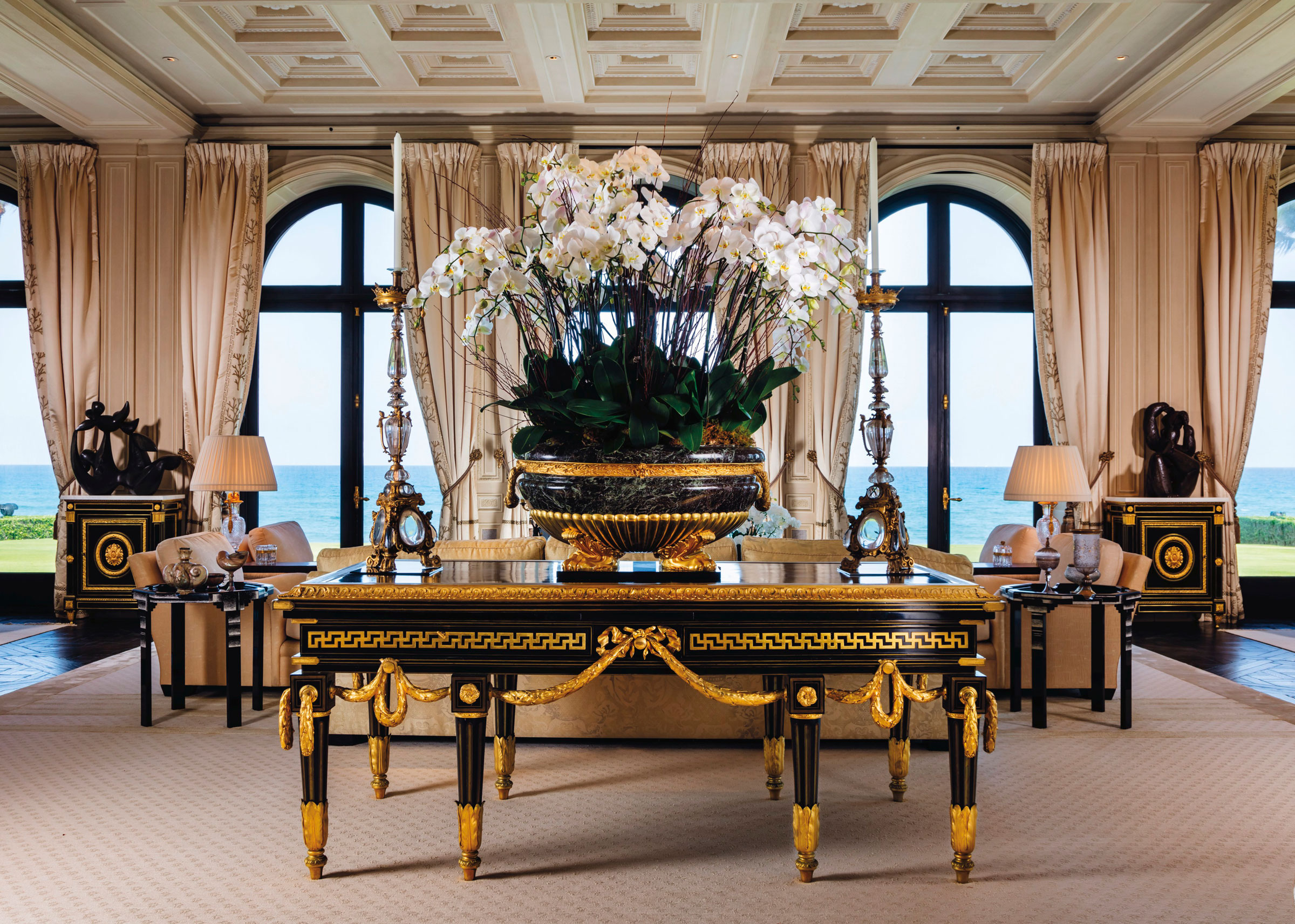 A large French ormolu-mounted and brass-inlaid ebonized library table, third quarter 19th century. After the model attributed Joseph Baumhauer supplied to La Live de Jully, the mounts cast by Victor Paillard and Picard Freres, Paris. Estimate: $200,000–400,000. Offered in La Rêverie: The Collection of Sydell Miller on 10 June at Christie’s in New York © Sargent Photography