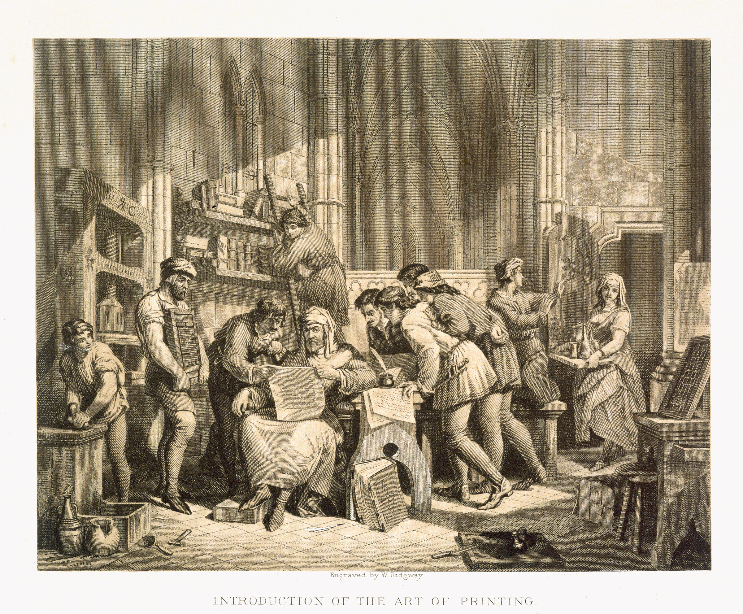 English artist Edward Henry Wehnert’s (1813-1868) imagining of William Caxton reading the first proof sheet from his printing press in the Almonary, Westminster Abbey, March 1474. From Illustrations of English and Scottish History, Volume I. Engraving. Photo: The Stapleton Collection / Bridgeman Images