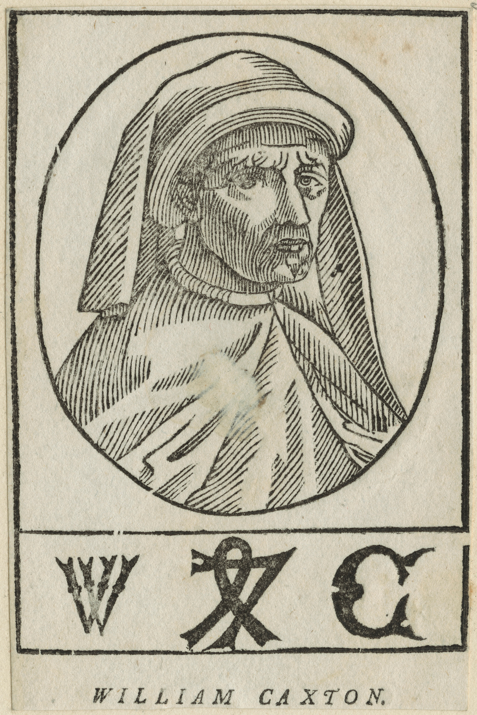 A portrait of William Caxton by an unknown artist held by the National Portrait Gallery in London. Woodcut. 3⅞ in x 2½ in (97 mm x 63 mm) paper size.
Given by the daughter of compiler William Fleming MD, Mary Elizabeth Stopford (née Fleming), 1931. Photo: © National Portrait Gallery, London