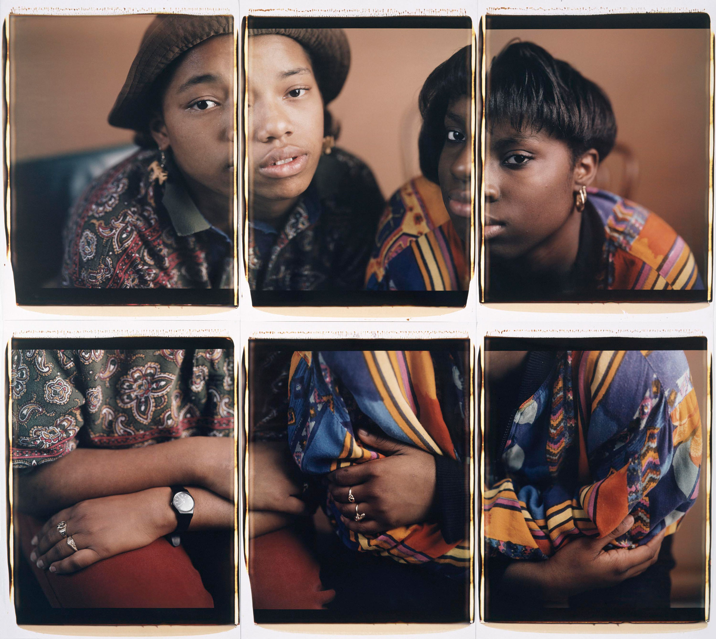 Dawoud Bey, Martina and Rhonda, Chicago IL, 1993. Six dye diffusion transfer prints (Polaroid), overall: 48 × 60 in (121.9 × 152.4 cm). Whitney Museum of American Art, gift of Eric Ceputis and David W. Williams 2018.82a-f. © Dawoud Bey