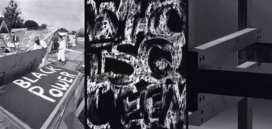 Images from L/R: Poor People’s Campaign, Resurrection City, June 25, 1968. AP/ Bob Daugherty; Adam Pendleton, Untitled (WE ARE NOT), 2020; Adam Pendleton, Queen, 2020 (detail)