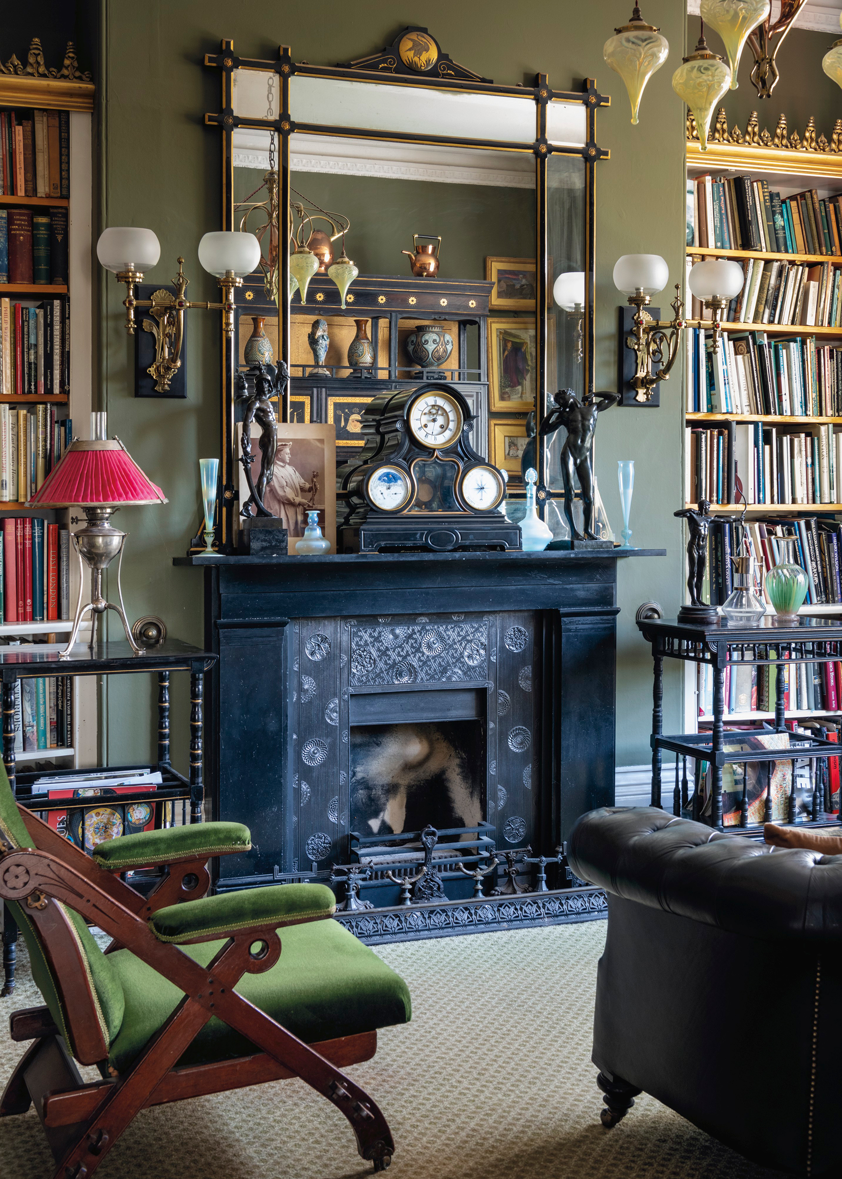 The green study was firmly rooted in the Aesthetic Movement. The book-lined walls were offset by parcel-gilt ebonised furniture including a superb side cabinet&nbsp;by Daniel Cottier