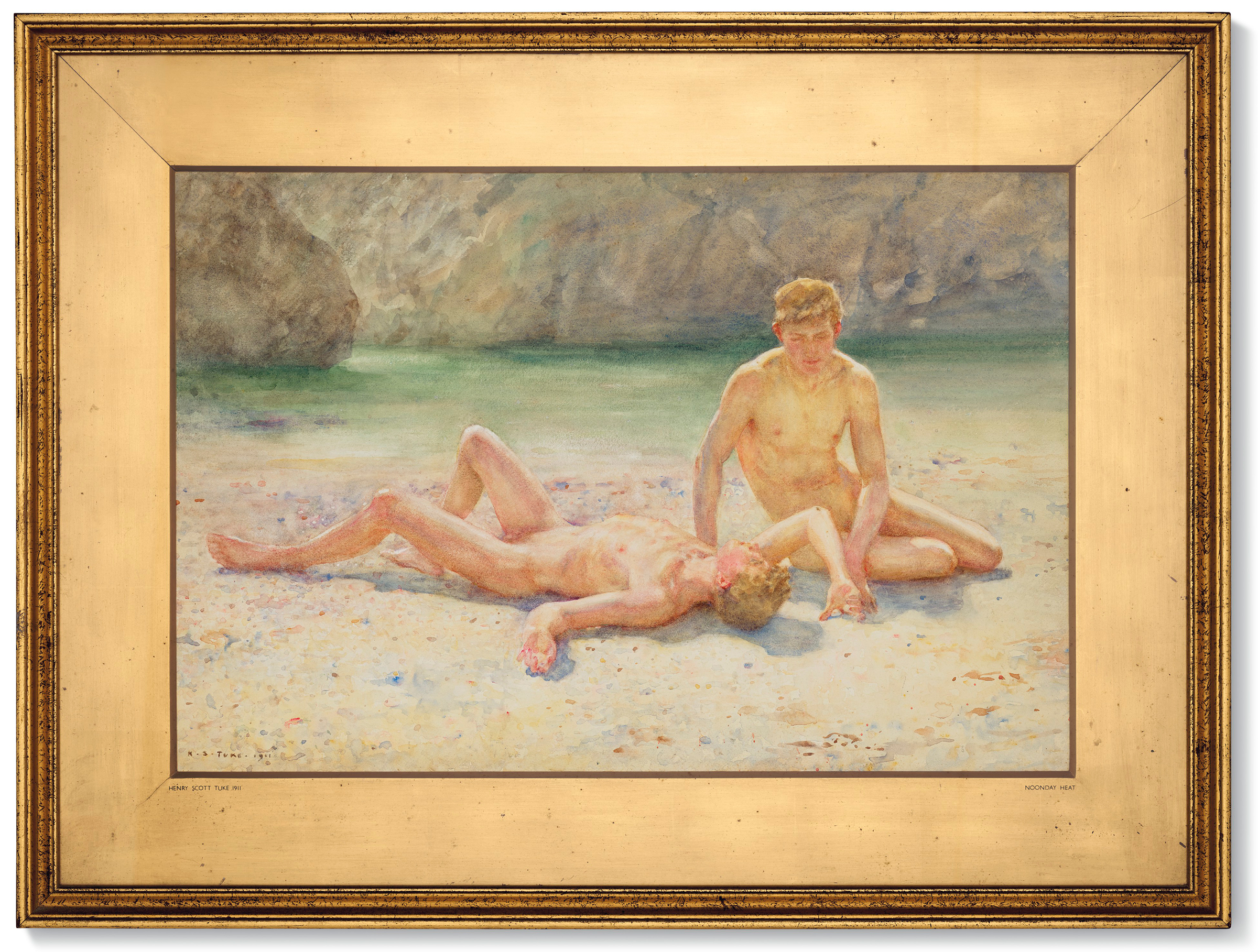 Henry Scott Tuke, R.A, R.W.S. (1858-1929), Bathing Group, 1911. Pencil and watercolour heightened with white and with scratching out on paper. 16 x 24 in (41 x 61 cm). Sold for £137,500 on 30 September 2021 at Christie’s in London