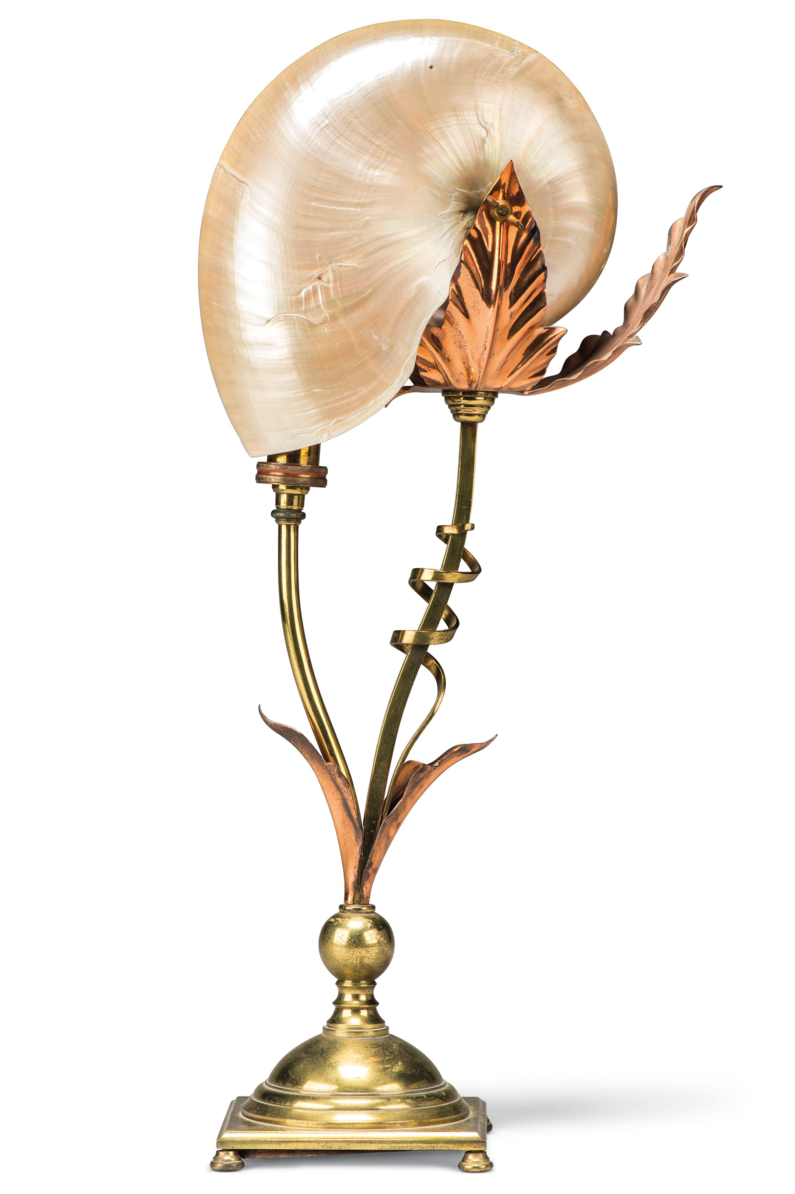 A &lsquo;Nautilus&rsquo; brass-and-copper table lamp by W.A.S. Benson &amp; Co., c. 1900. 22⅝ in (57.5 cm) high. Sold for £5,625 on 30 September 2021 at Christie’s in London
