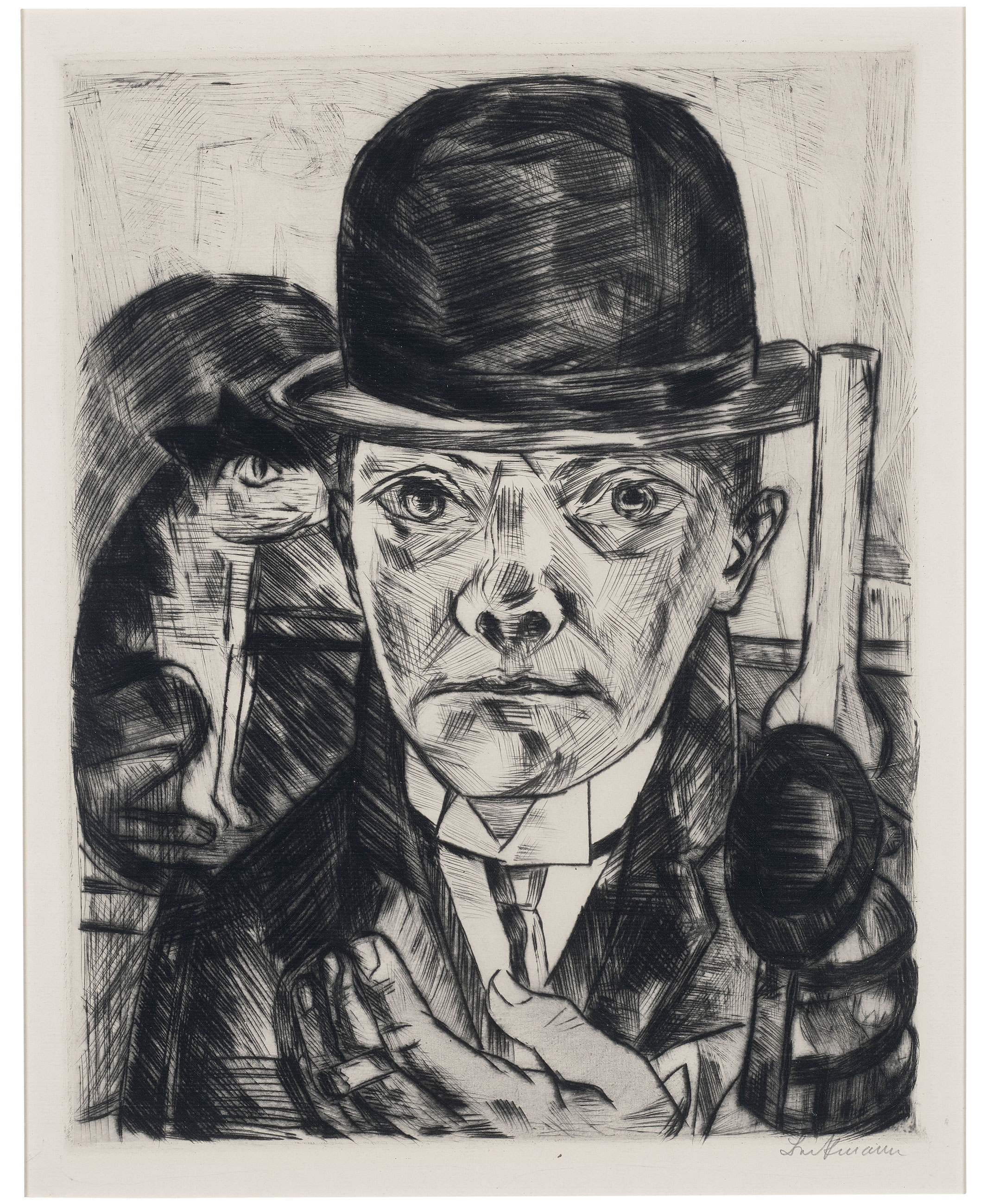 Max Beckmann (1844-1950), Selbstbildnis mit stiefem Hut, 1921. Drypoint, on laid paper. Image: 12¼ x 9⅝ in (311 x 245 mm). Sheet: 17¼ x 12¾ in (438 x 324 mm). Estimate: $40,000-60,000. Offered in A Graphic Dialogue: Prints from the Collection of Lois B. Torf on 15 September 2021 at Christie’s in New York