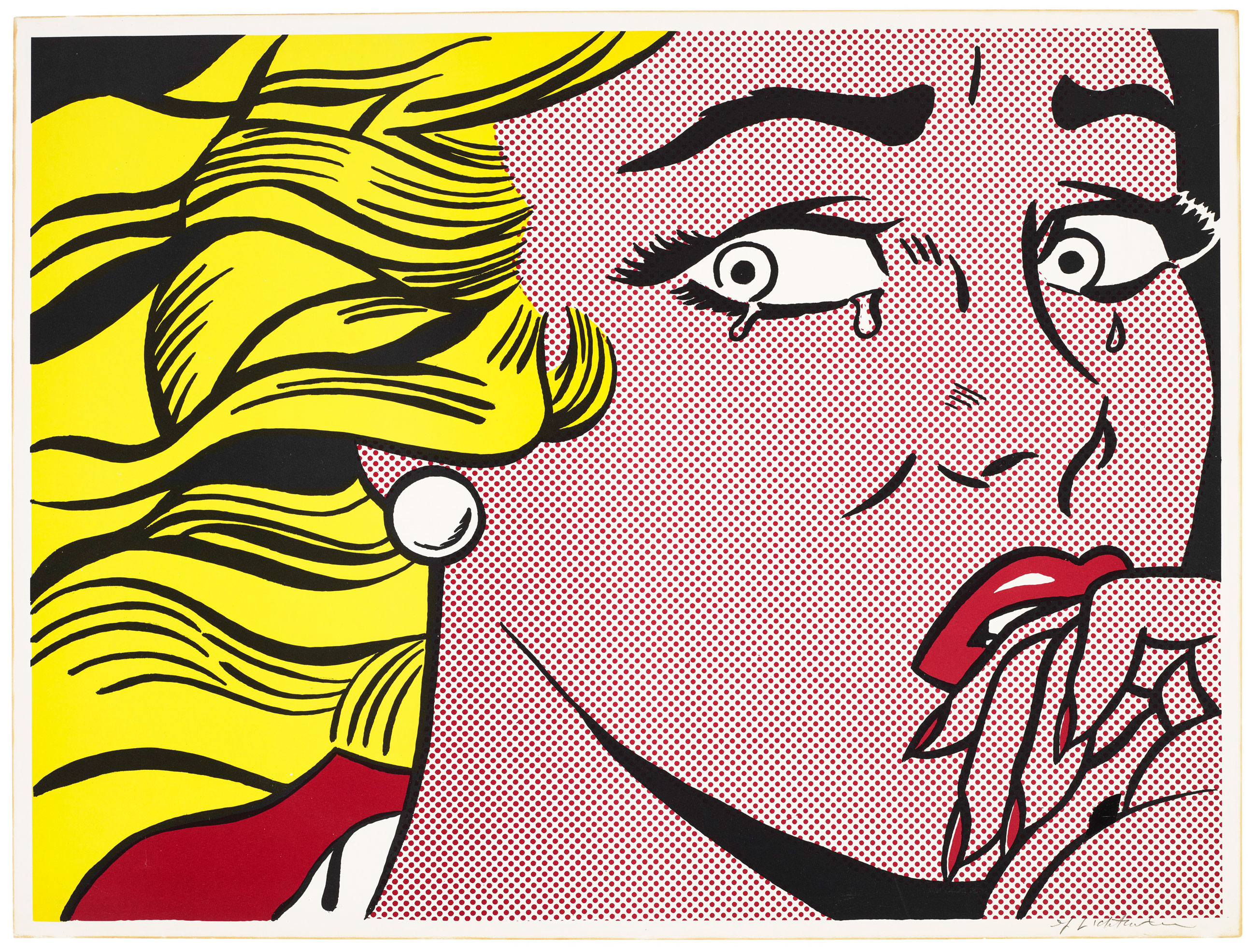 Roy Lichtenstein (1923-1997), Crying Girl, 1963. Offset lithograph in colours, on wove paper. Image: 17¼ x 23⅛ in (438 x 587 mm). Sheet: 18 x 24 in (457 x 610 mm). Estimate: $50,000-70,000. Offered in A Graphic Dialogue: Prints from the Collection of Lois B. Torf on 15 September 2021 at Christie’s in New York