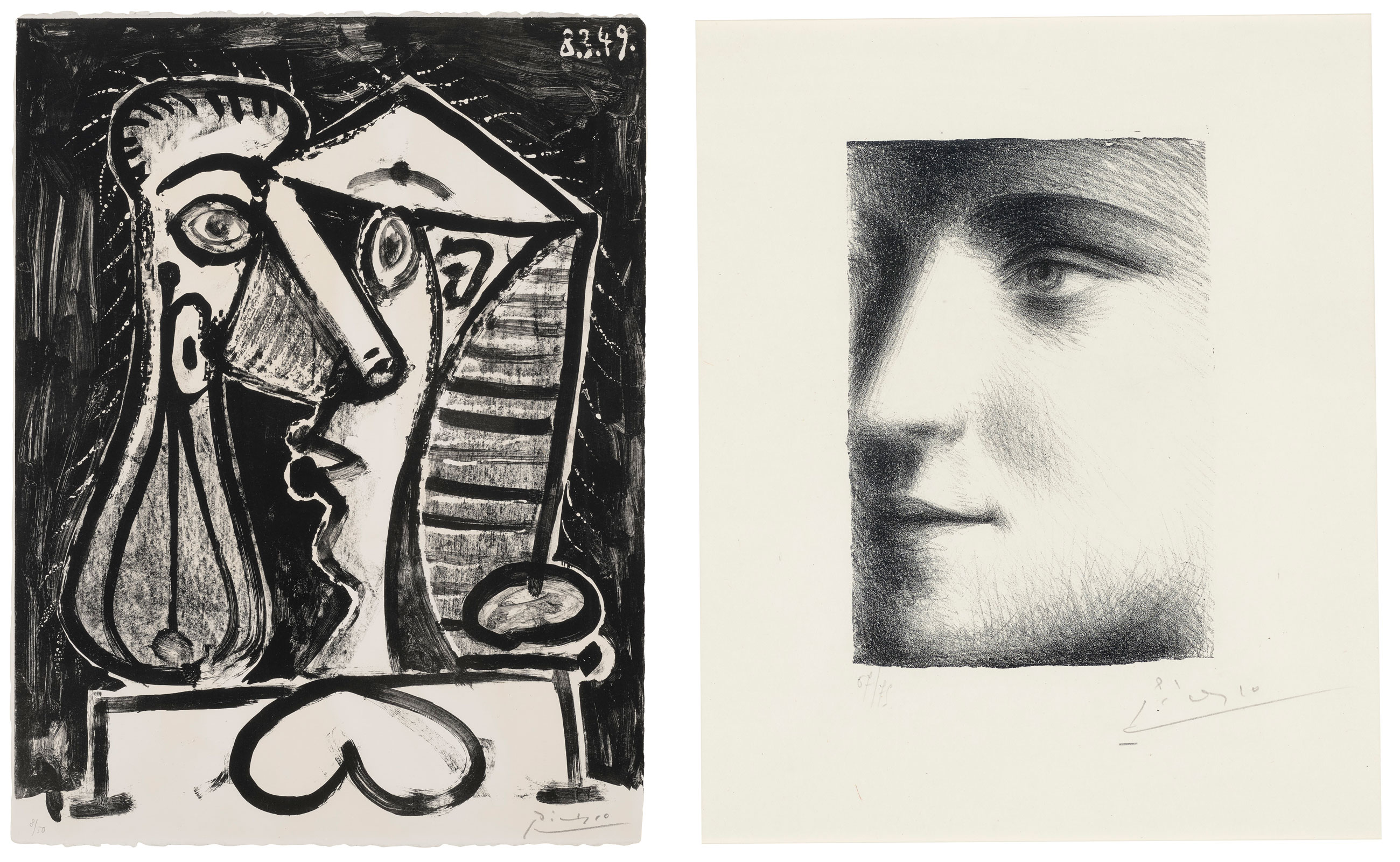 (Left) Pablo Picasso (1881-1973), Figure Composée II, 1949. Lithograph, on Arches paper. Sheet: 25⅞ x 19⅝ in (657 x 499 mm). Estimate: $25,000-35,000. Offered in A Graphic Dialogue: Prints from the Collection of Lois B. Torf on 15 September 2021 at Christie’s in New York
(Right) Pablo Picasso (1881-1973), Visage, 1928. Lithograph, on Japon paper. Image: 8⅛ x 5½ in (206 x 140 mm). Sheet: 18⅝ x 13¼ in (473 x 337 mm). Estimate: $30,000-50,000. Offered in A Graphic Dialogue: Prints from the Collection of Lois B. Torf on 15 September 2021 at Christie’s in New York
