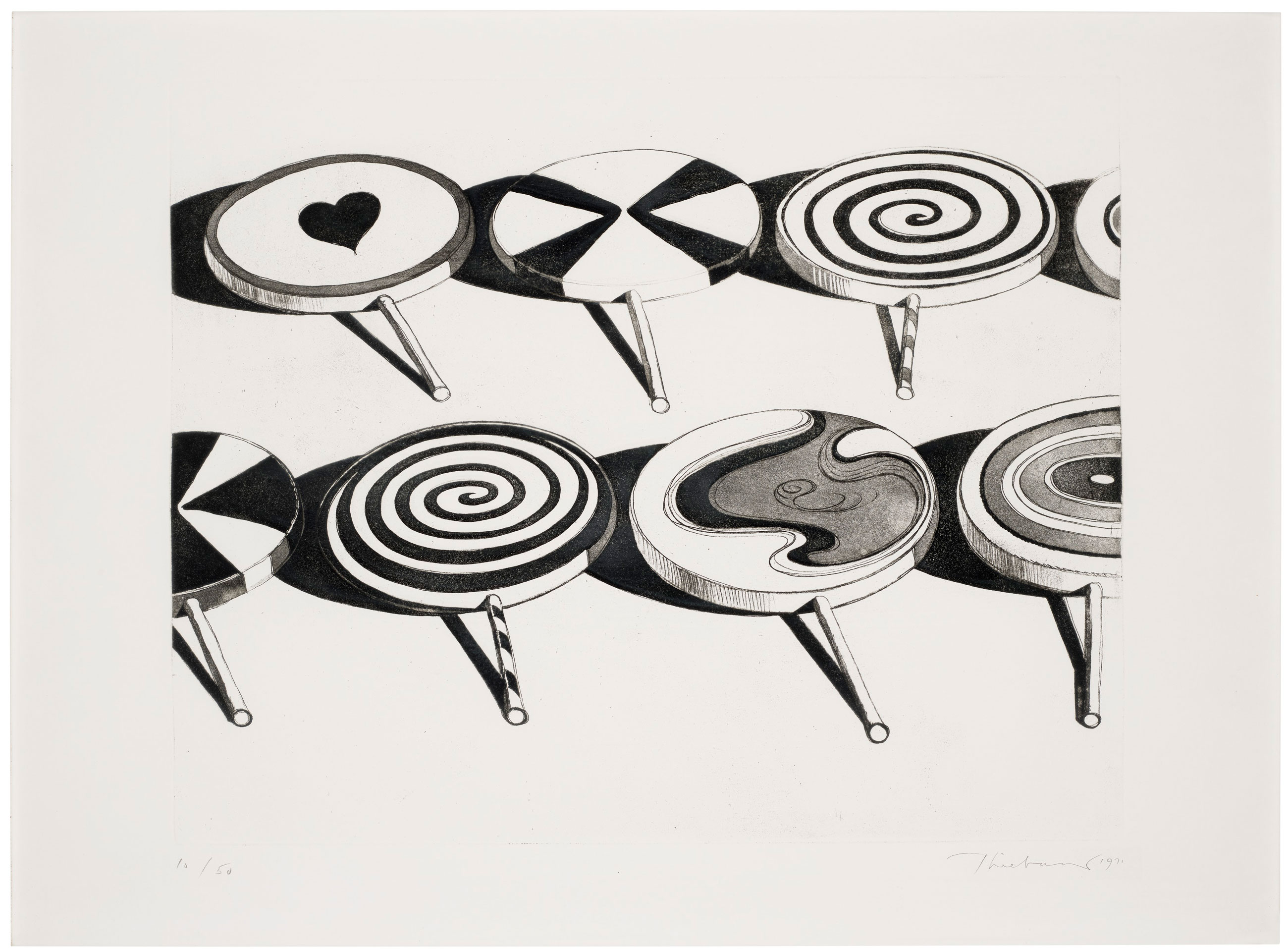 Wayne Thiebaud (b. 1920), Black Suckers, from Seven Still Lifes and a Silver Landscape, 1971. Aquatint, on Rives BFK paper. Image: 17½ x 21¾ in (445 x 552 mm). Sheet: 22 x 29¾ in (559 x 756 mm). Estimate: $15,000-25,000. Offered in A Graphic Dialogue: Prints from the Collection of Lois B. Torf on 15 September 2021 at Christie’s in New York