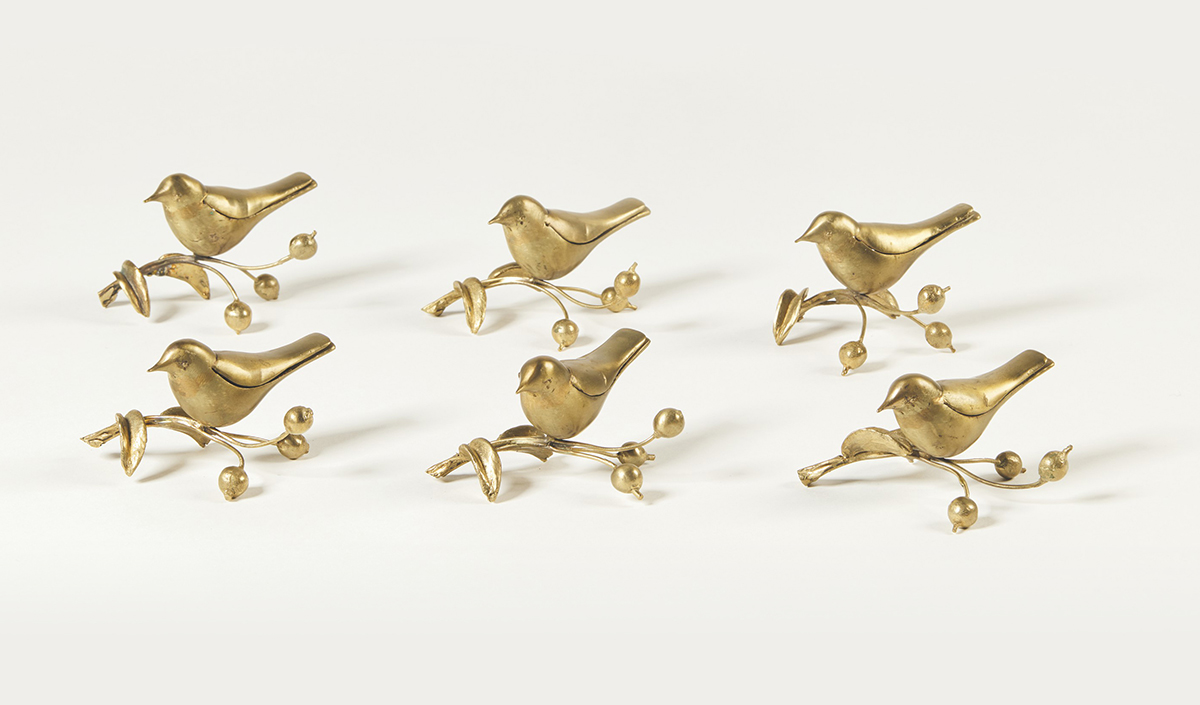 Fran&ccedil;ois-Xavier Lalanne (1927-2008), Set of six &lsquo;Teeny Bell&rsquo; name card holders, 2005. Patinated gilt bronze. (Each) Height: 7 cm (2&frac34; in); Width: 9.5 cm (3&frac34; in); Depth: 7.5 cm (3 in). Estimate: &euro;10,000-20,000. Offered in A Parisian pied-&agrave;-terre curated by Hubert de Givenchy on 14 September 2021 at Christie&rsquo;s in Paris