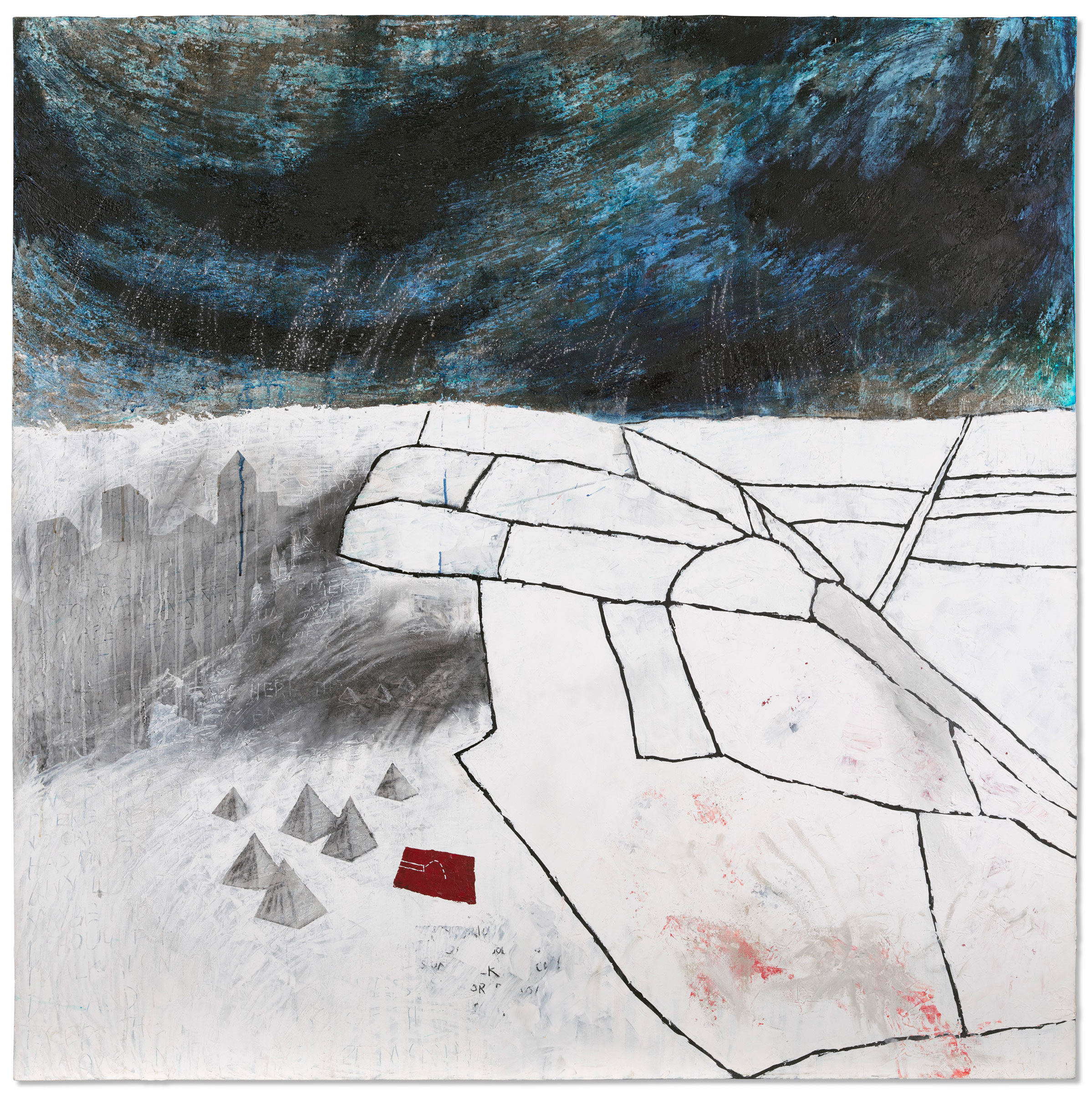 Stanley Donwood (b. 1968), Hotels and a Swimming Pool, 1999. Acrylic, oil stick, paper collage and mixed media on canvas. Sold for £125,000 on 19 October 2021 at Christie’s Online