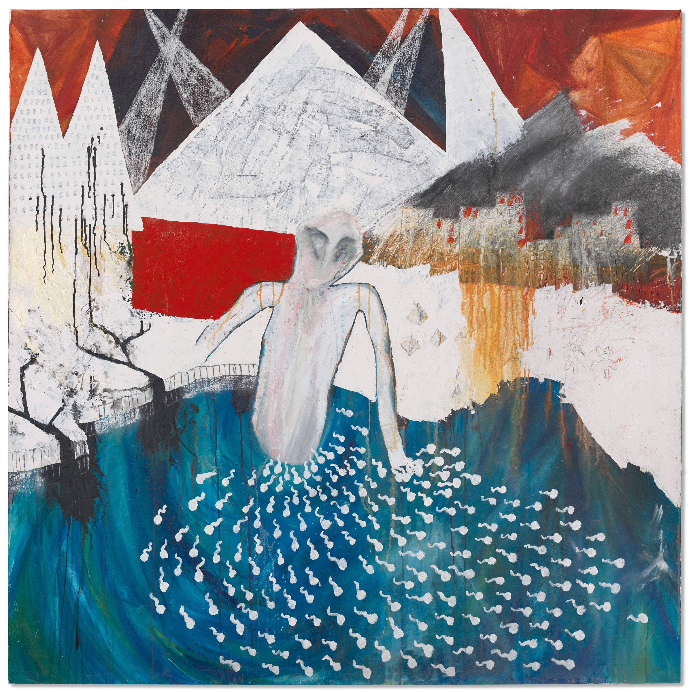 Stanley Donwood (b. 1968), Trade Center, 1999. Acrylic, charcoal, chalk and paper collage on canvas. Sold for £118,750 on 19 October 2021 at Christie’s Online