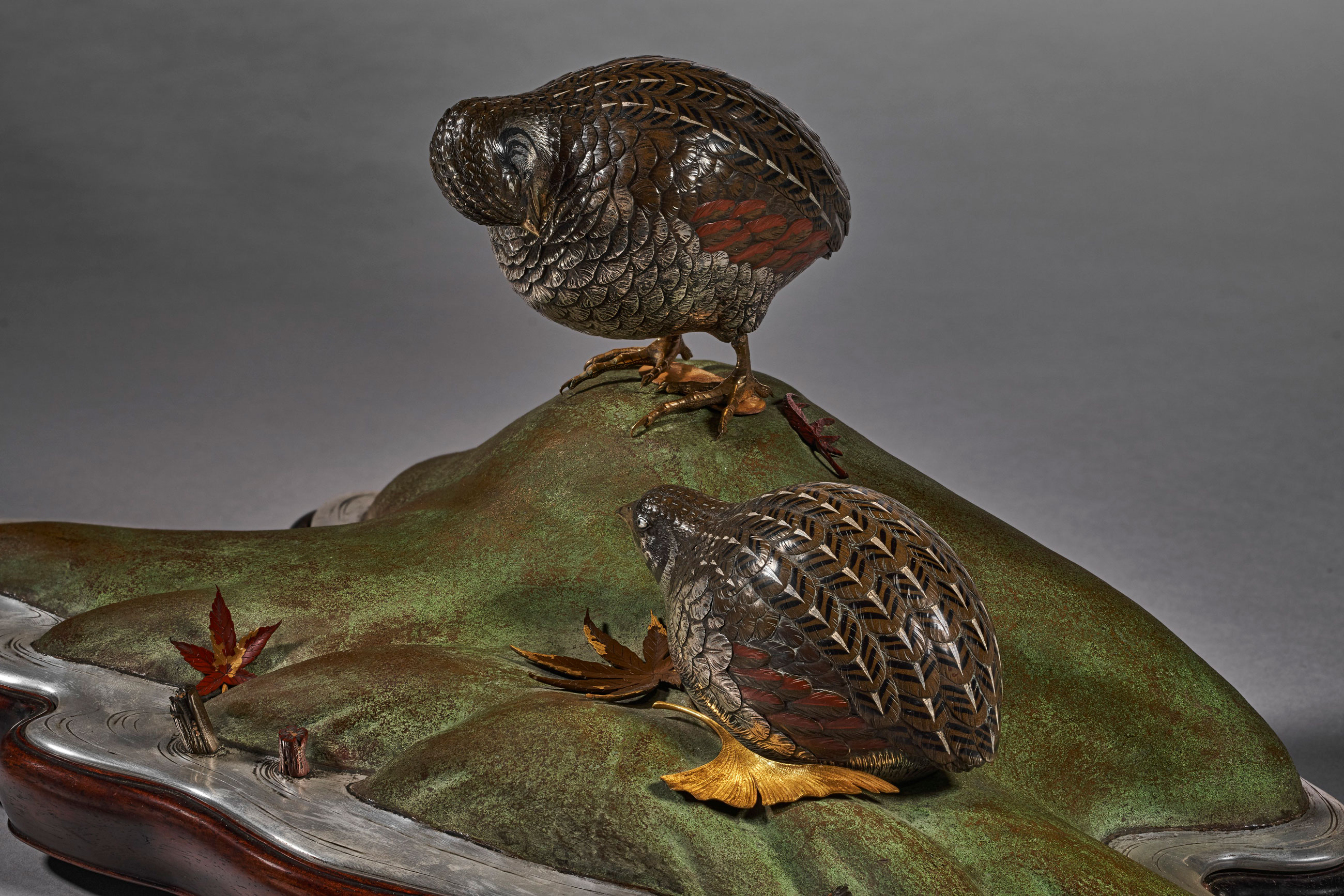 A sculpture of a pair of quails by a stream, Meiji-Taisho period (late 19th-early 20th century). Estimate: $25,000-30,000. Offered in Important Japanese Art on 21 September 2021 at Christie&rsquo;s in New York