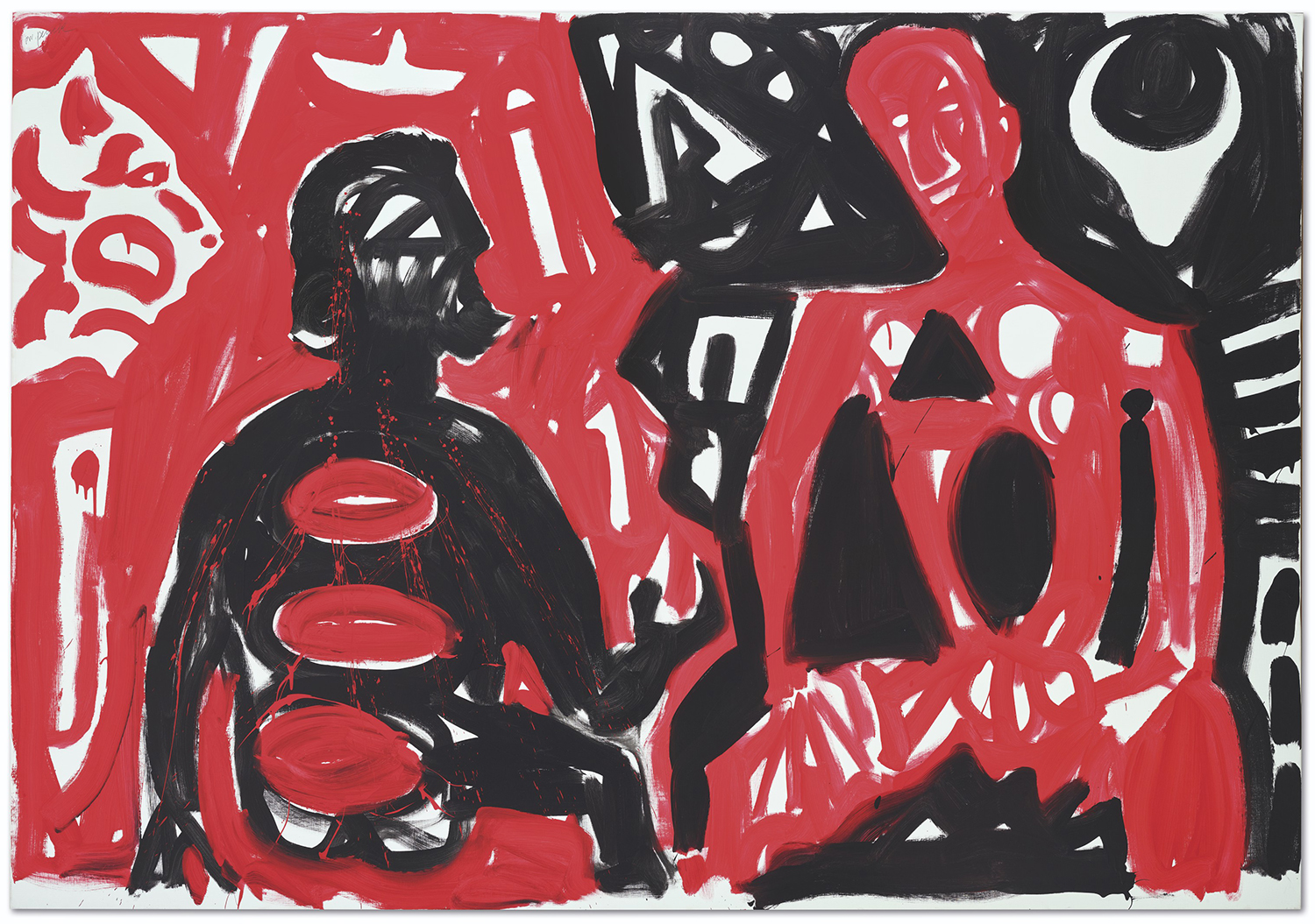A. R. Penck (1939-2017), Ich und M.W., 2013. Oil on canvas. 78&frac34; x 118⅛  in (200 x 300  cm). Estimate: &euro;150,000-200,000. Offered in Droit de regard. Collection Pierre Rochelois on 27 September 2021 at Christie&rsquo;s Paris