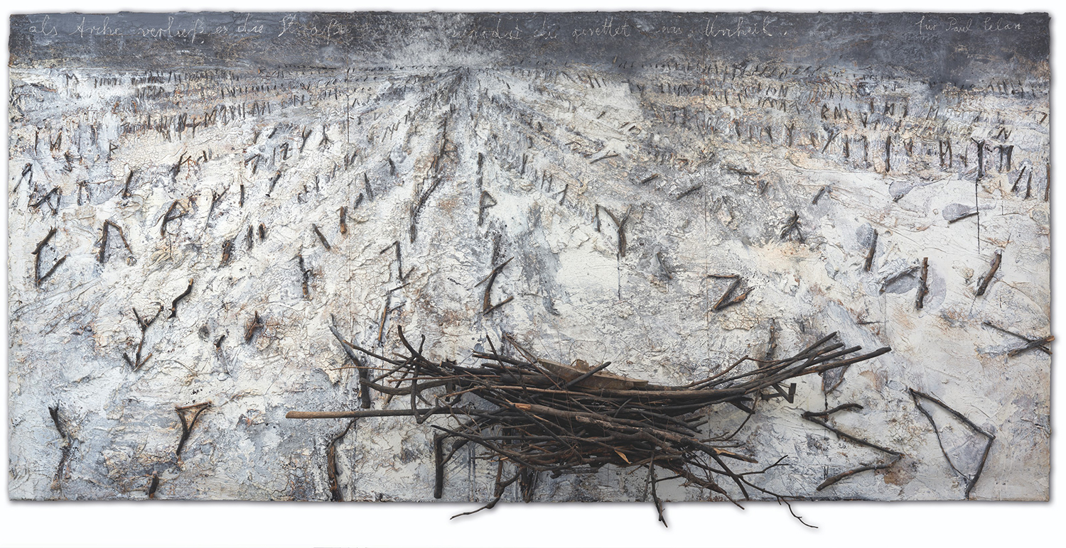 Anselm Kiefer (b. 1945), für Paul Celan, 2006. Oil, emulsion, acrylic, branches, metal, wood, and chalk on canvas mounted on board. 110½ x 224⅜ x 19⅝  in (280 x 570 x 50  cm). Estimate: €700,000-1,000,000. Offered in Droit de regard. Collection Pierre Rochelois on 27 September 2021 at Christie’s Paris