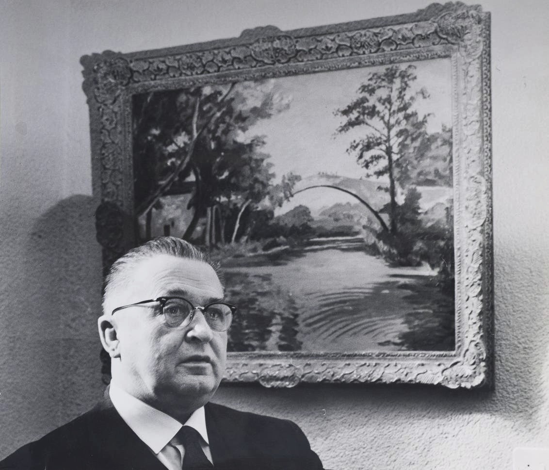 Swiss paint manufacturer Willy Sax with The Bridge at Aix-en-Provence, which was gifted to him by his friend, Winston Churchill