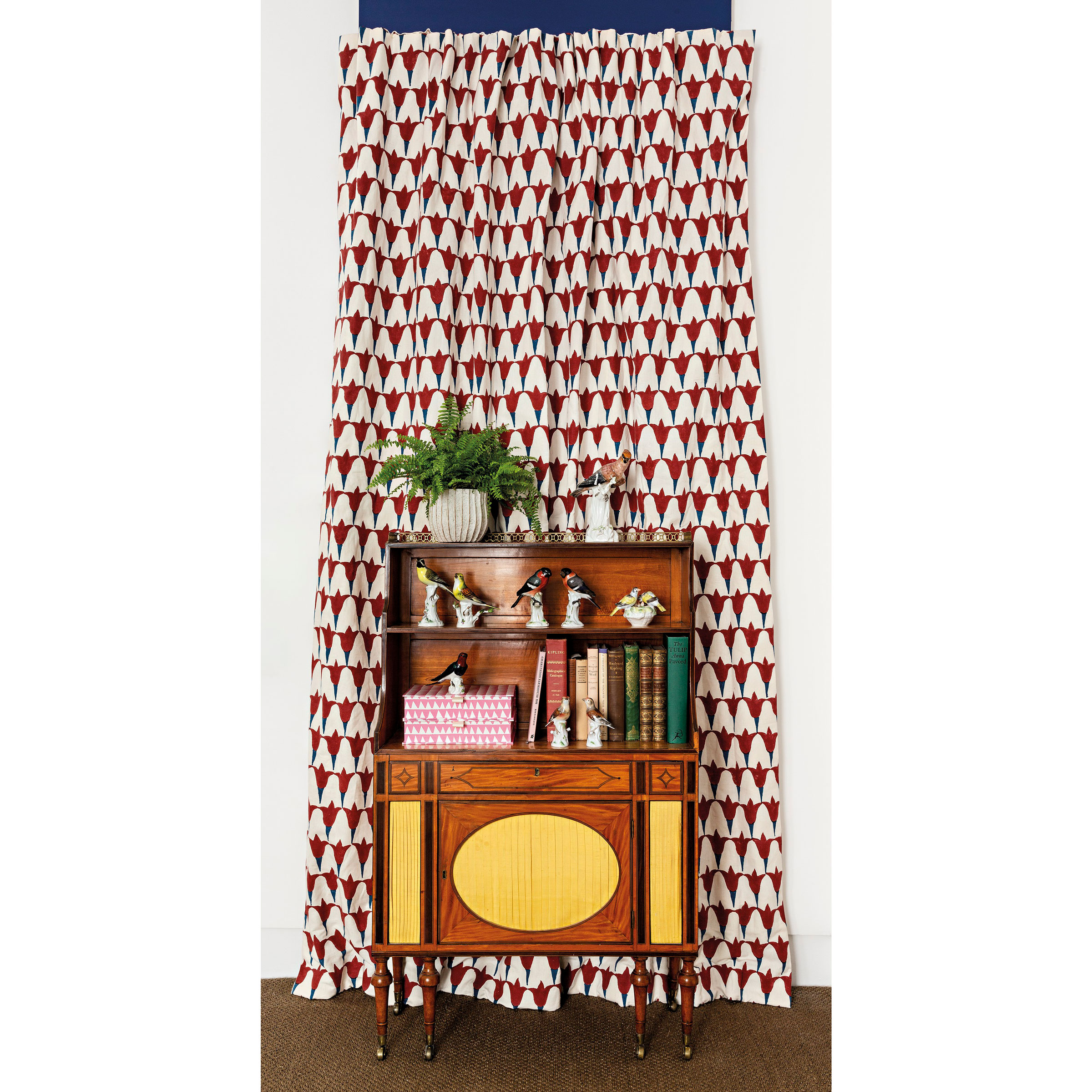 One of a pair of George III satinwood and amaranth side cabinets (both shown right). A group of 13 Meissen porcelain birds, 20th century. All offered in The Collector, until 16 November 2021, Online. Photo: Emma Lewis