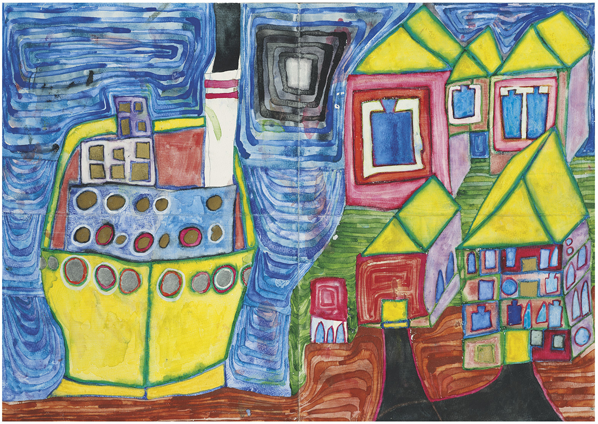 Friedensreich Hundertwasser (1928-2000), Schiff an land, 1995. Watercolour on paper, gold and silver leaf. 16½ x 23½ in (41.8 x 59 cm). Estimate: €100,000-150,000. Offered in L'art à fleur de peau, parcours d'une collectionneuse on 13 October 2021 at Christie’s in Paris