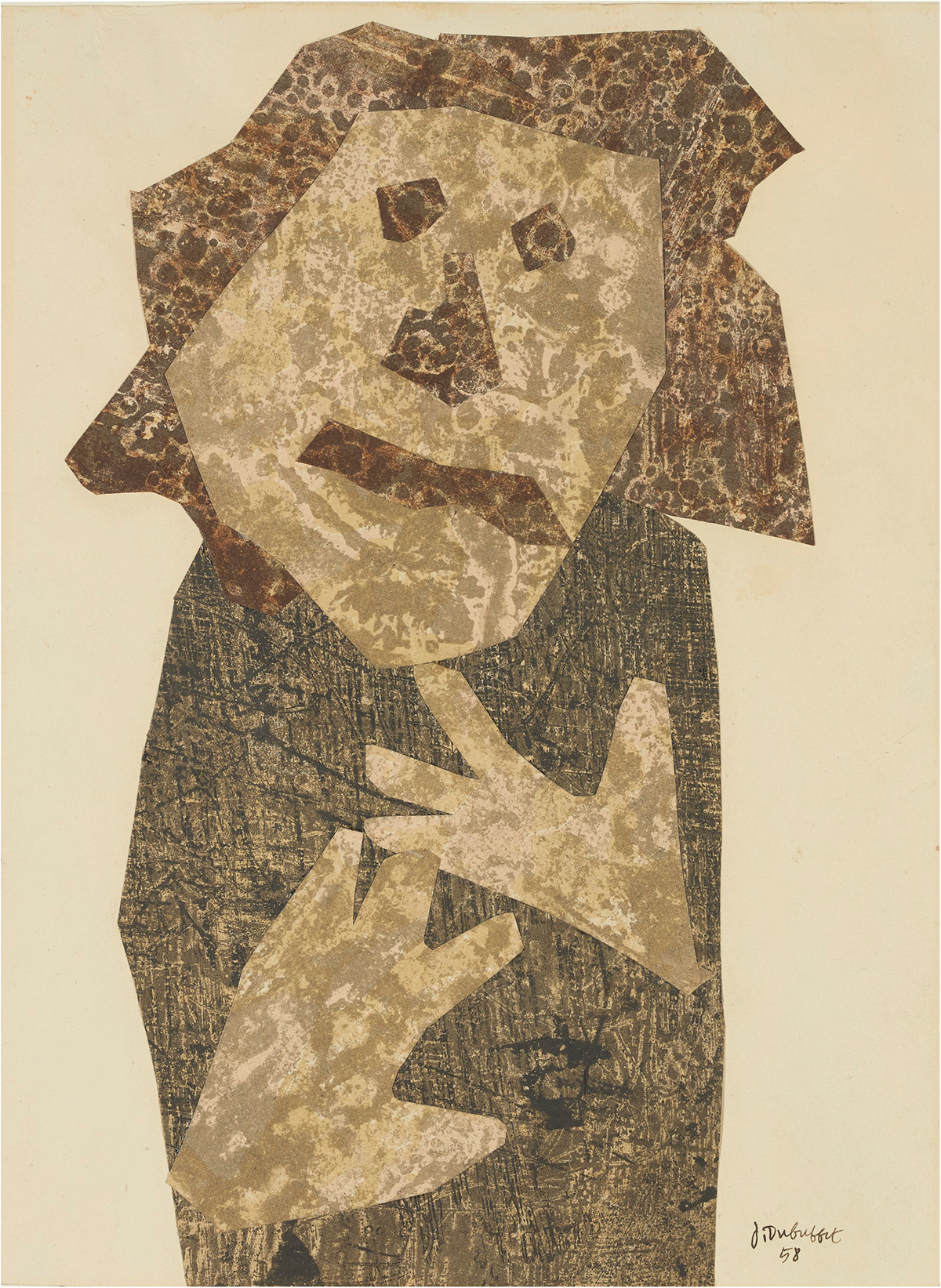 Jean Dubuffet, Plaignante, 1958. Lithographs collage on paper. Executed in 1958. 12¼ x 9 in (31 x 23 cm). Estimate: €40,000-60,000. Offered in Collection Gerard Valkier: A lifetime journey with art. on 20 October 2021 at Christie’s in Paris