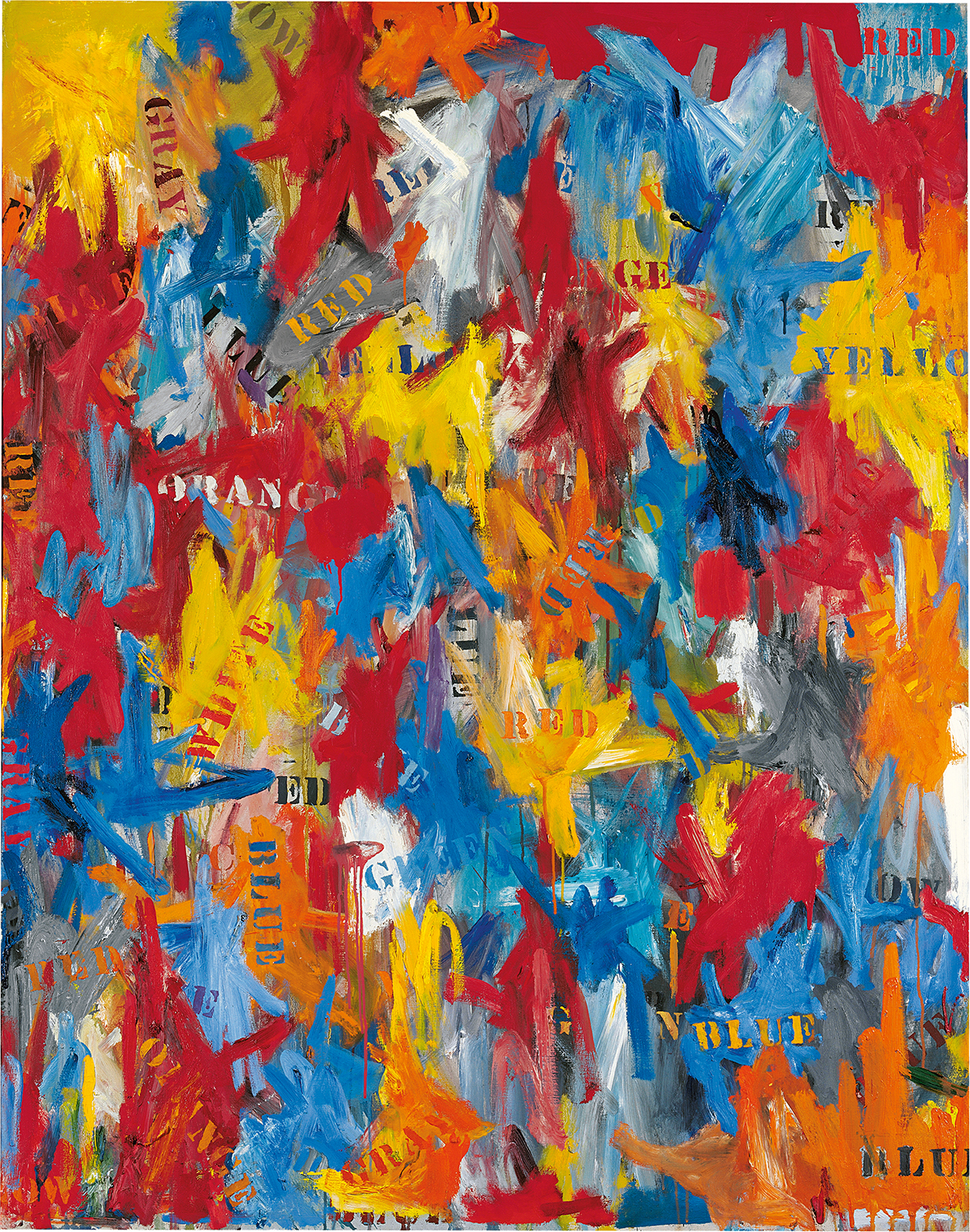 Jasper Johns, False Start, 1959. Oil on canvas. 67 1/2 × 53 1/8 in. (171.5 × 134.9 cm). Private collection. © Jasper Johns / Licensed by VAGA at Artists Rights Society (ARS), New York, NY