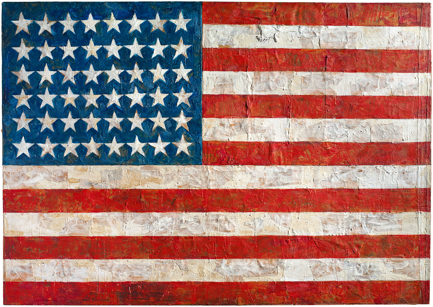 Jasper Johns, Flag, 1954-55. Encaustic, oil, and collage on fabric mounted on wood (3 panels). 41.25 X 60.75 in (104.8 x 154.3 cm). The Museum of Modern Art, New York, NY; Gift of Philip Johnson in honour of Alfred H. Barr, Jr. © 2021 Jasper Johns/VAGA at Artists Rights Society (ARS), New York