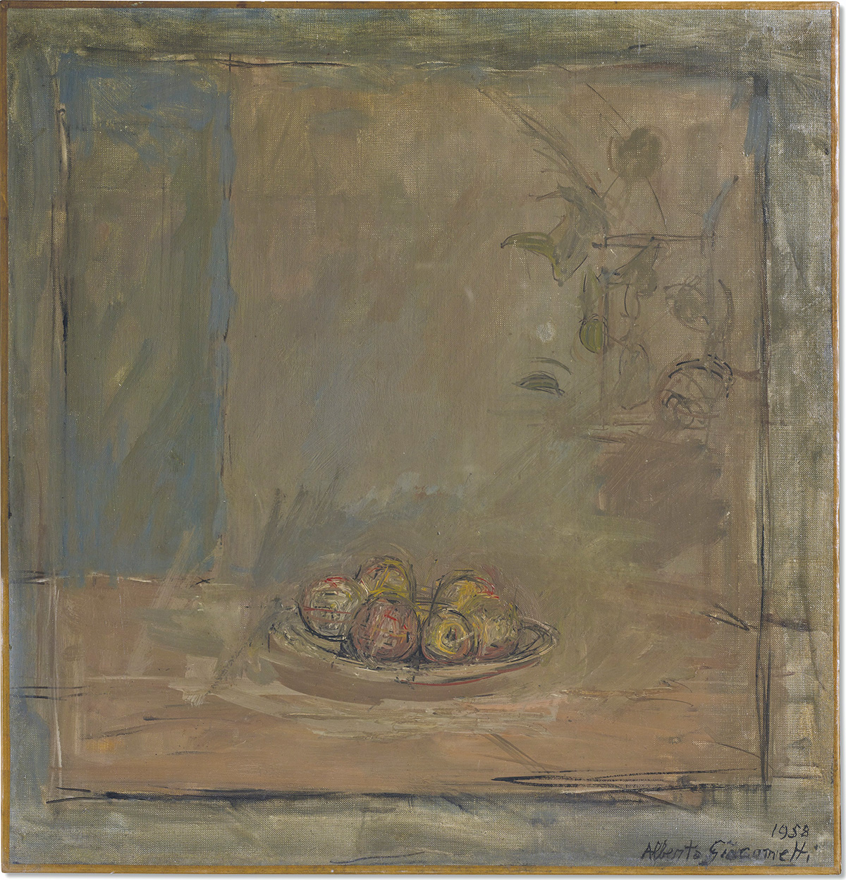 Alberto Giacometti, Pommes, 1958 Oil on canvas. 18½ x 17¾ in (46.9 x 45.3 cm). Estimate: €1,000,000-1,500,000. Offered in Paris Avant-garde on 21 October 2021 at Christie’s in Paris