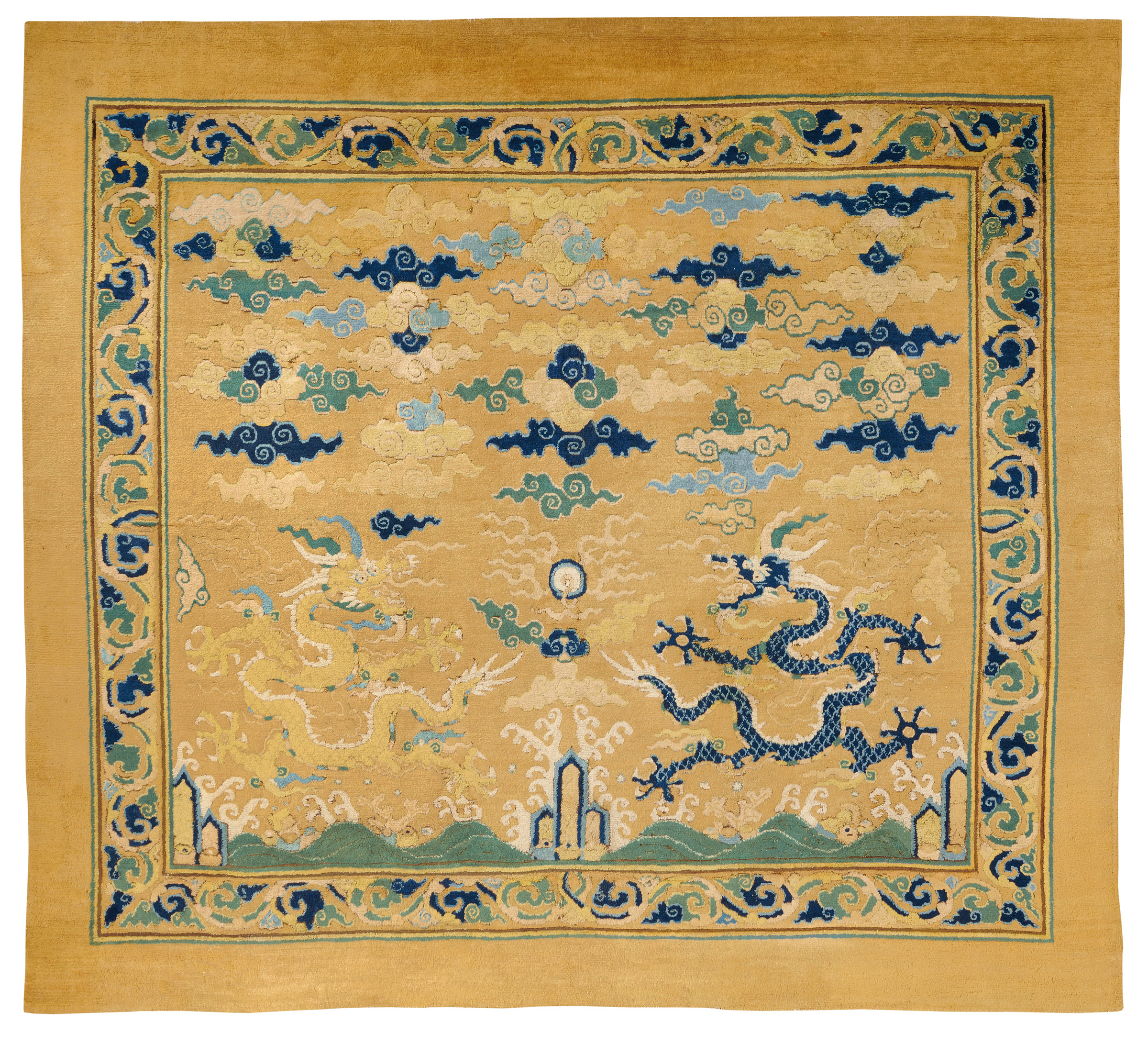 An imperial throne carpet with double dragon and seed pearl motif, Ming dynasty, 16th century. 16 ft 7 in x 14 ft 7 in (507 cm x 451 cm). Sold for €6,881,000 on 23 November 2021 at Christie’s in Paris